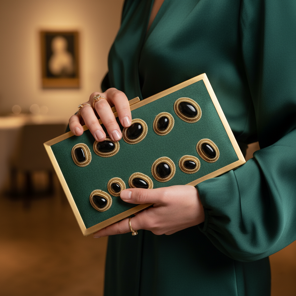 Jahaan Ara – Military Green Zardosi Gemstone Clutch image 0