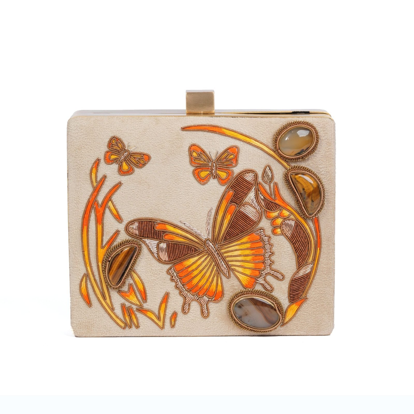 Hand-Embroidered Butterfly Velvet Clutch - Beige image