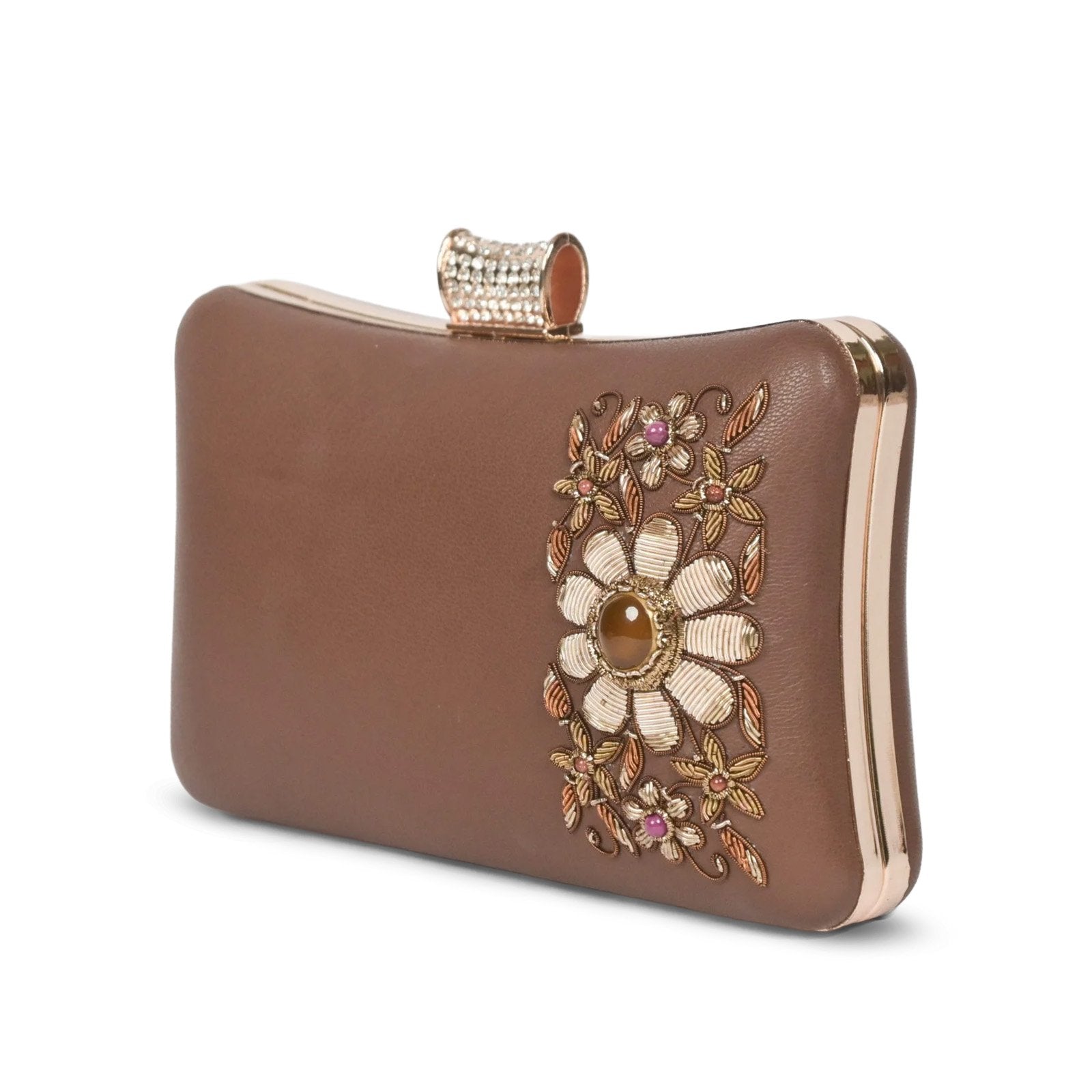 Artisan Elegance: Brown Leather Clutch with Floral Zardosi and Precious Gemstones image 2