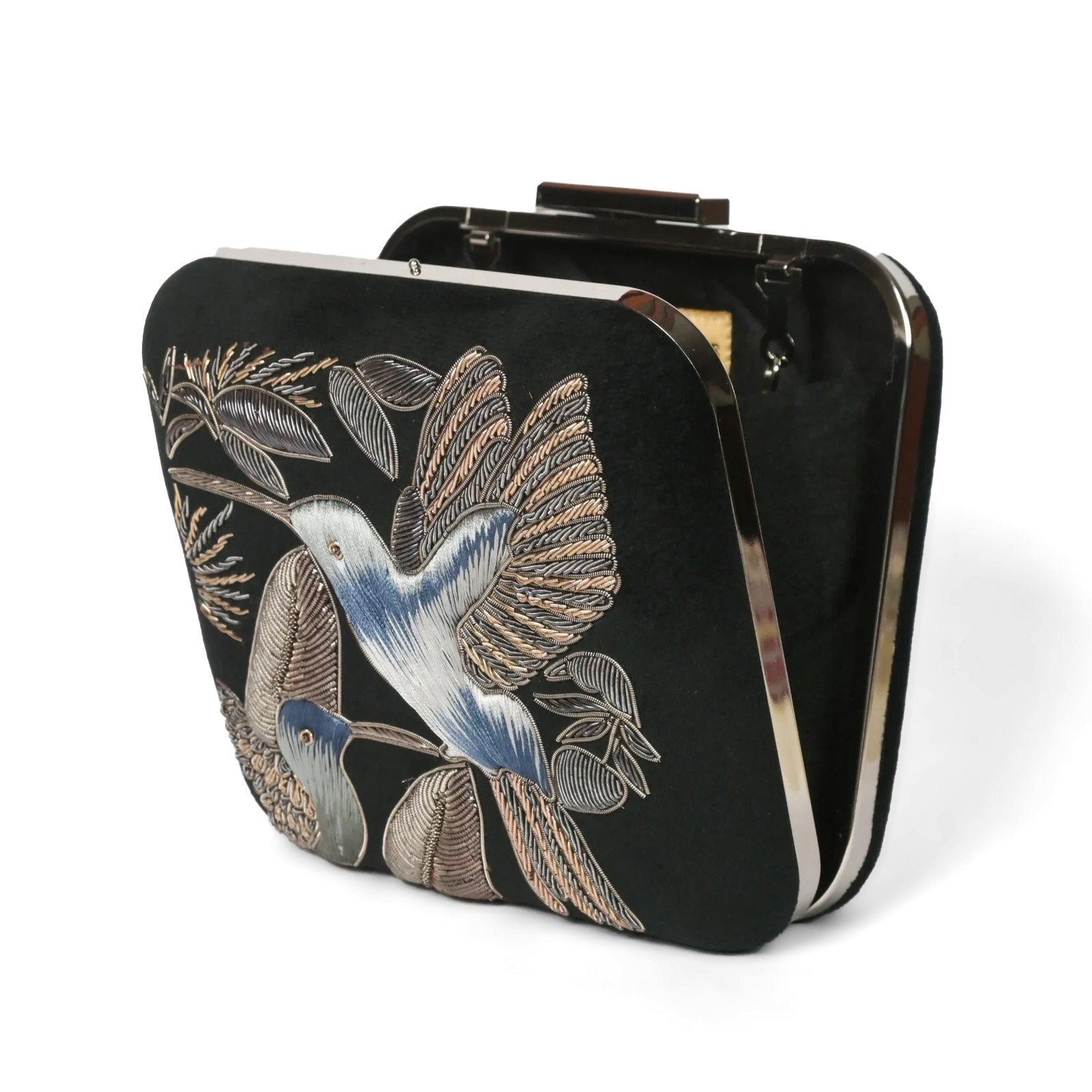 "Serenade in Black: Square Handmade Black Velvet Clutch with Zardosi Birds" image 2
