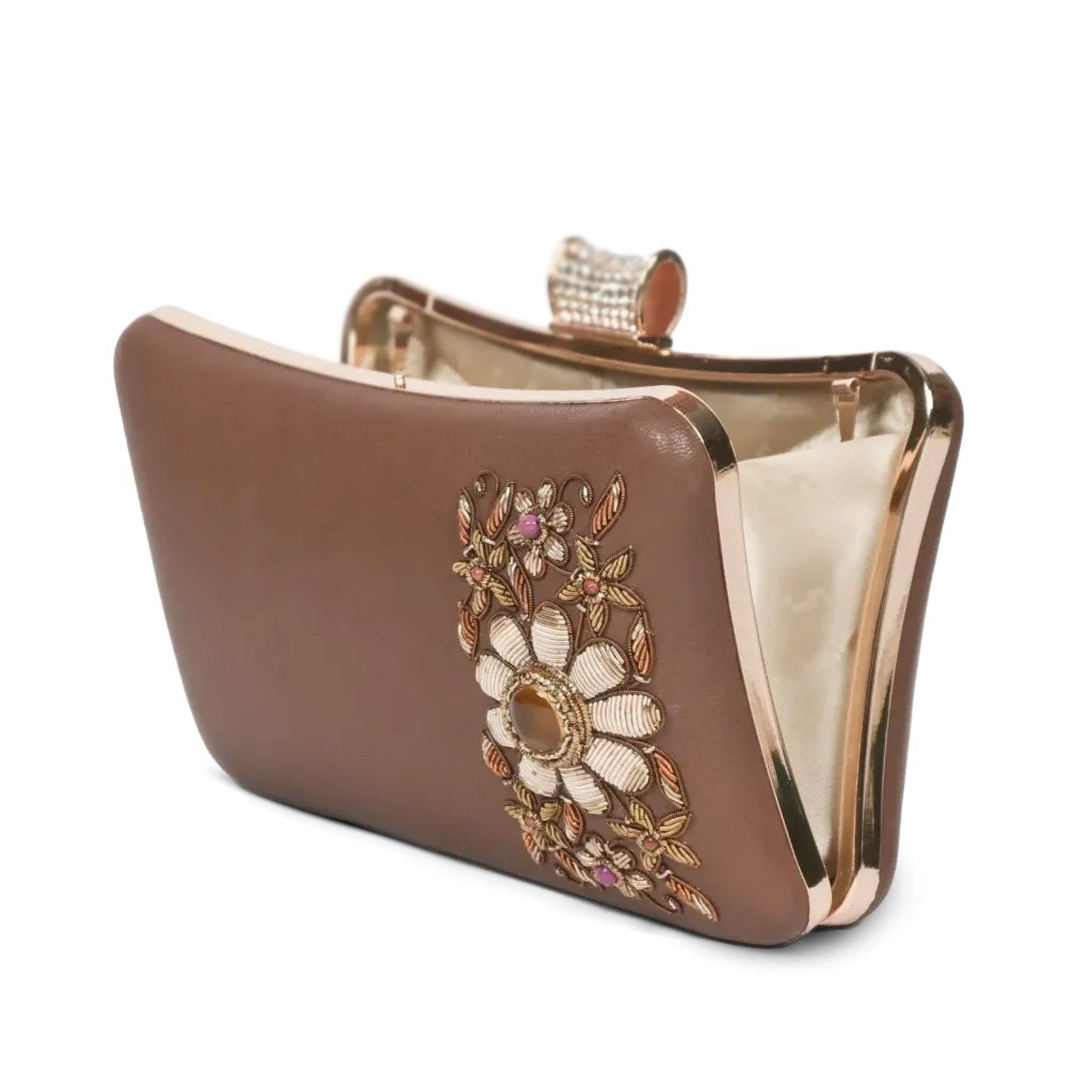 Artisan Elegance: Brown Leather Clutch with Floral Zardosi and Precious Gemstones image 4