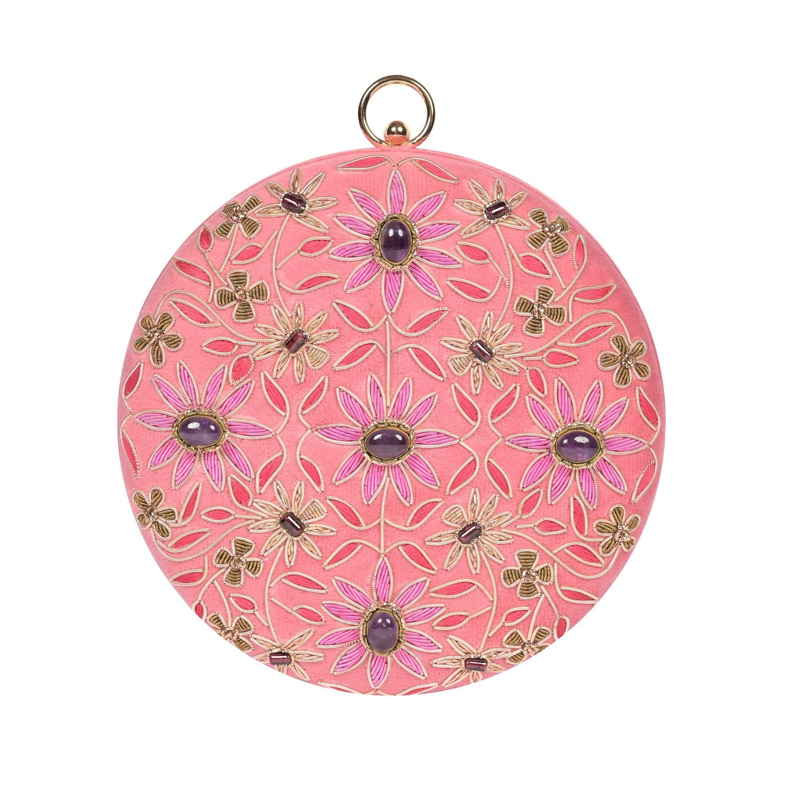 Regal Bloom Round Clutch – Onyx Black Velvet - Pink image