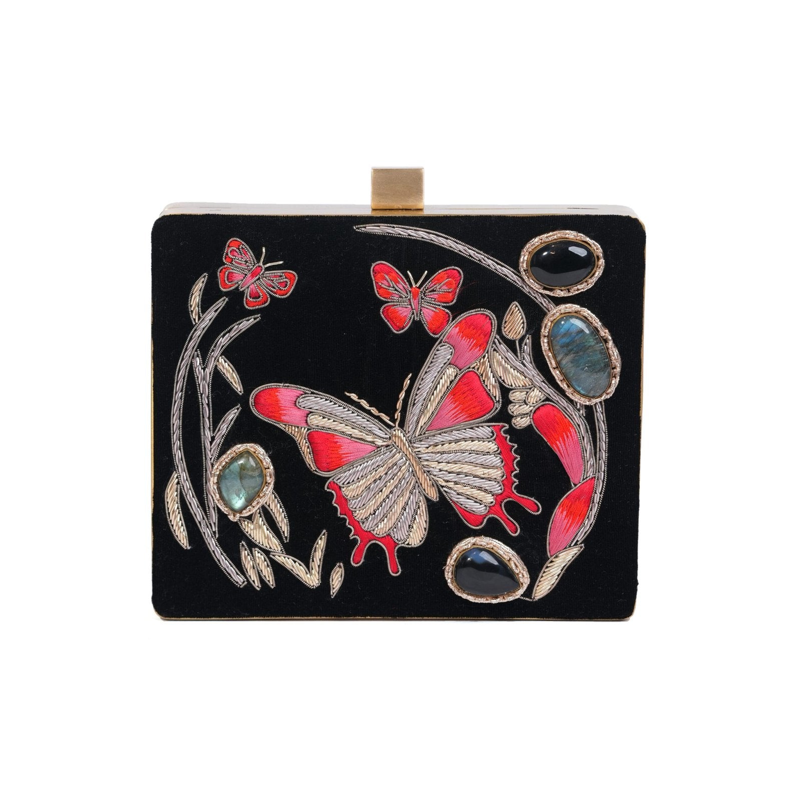 Hand-Embroidered Butterfly Velvet Clutch - Black image