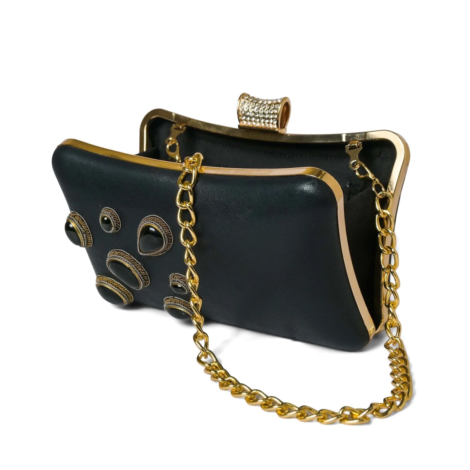 Black Rectangle Handmade Clutch Bag with Jeweled Sparkling Closure knob image 4