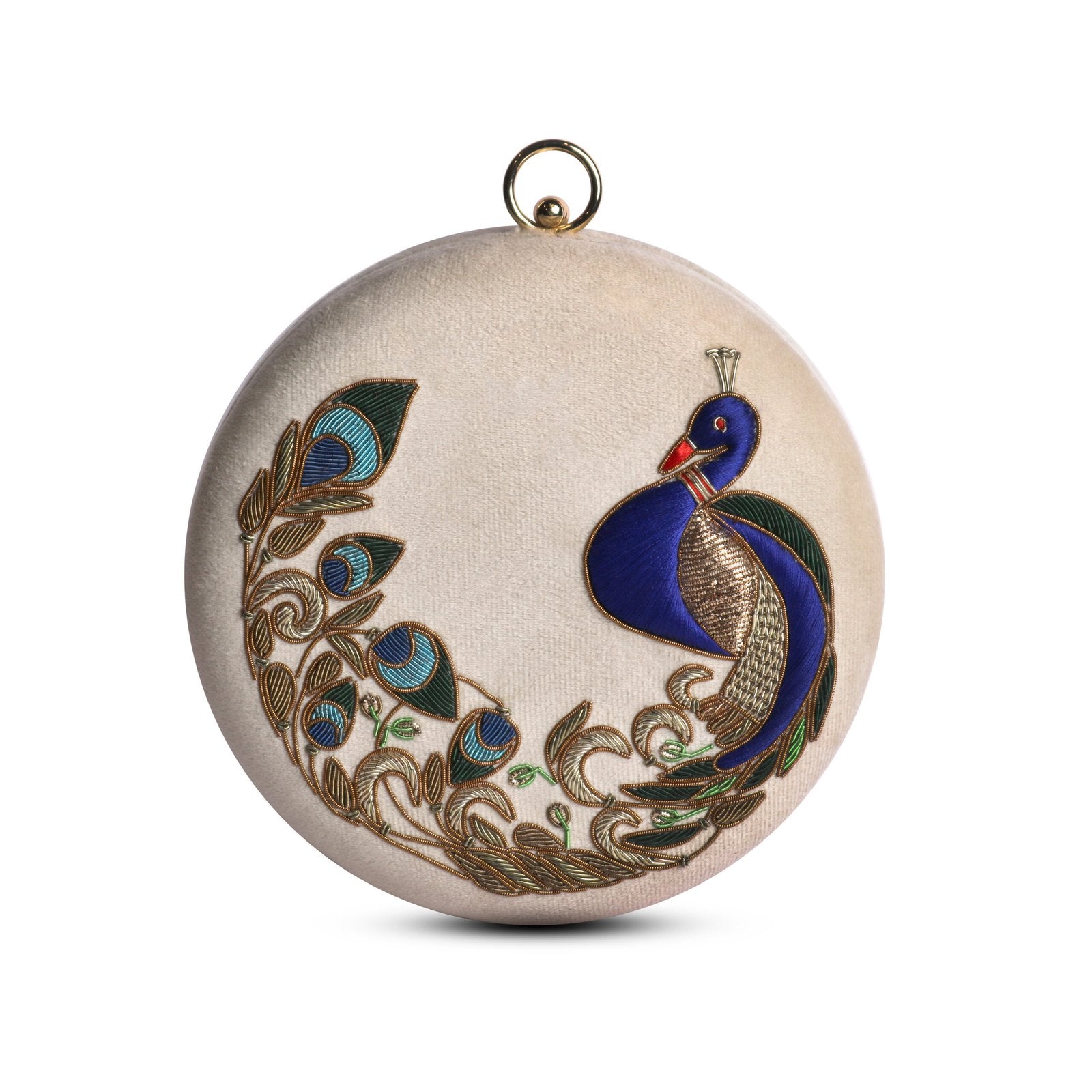 Round Handbag with Peacock Zardosi & Resham Embroidery - Beige image