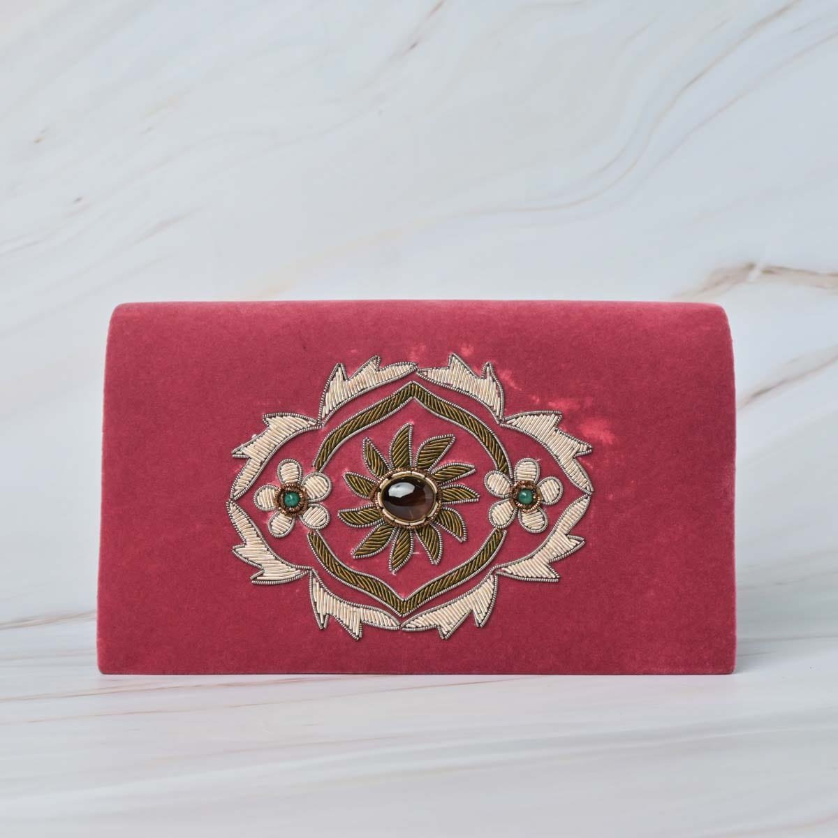 Pink Velvet Handmade Crossbody Bag, Embellished with Smoky Quartz Stones image 1