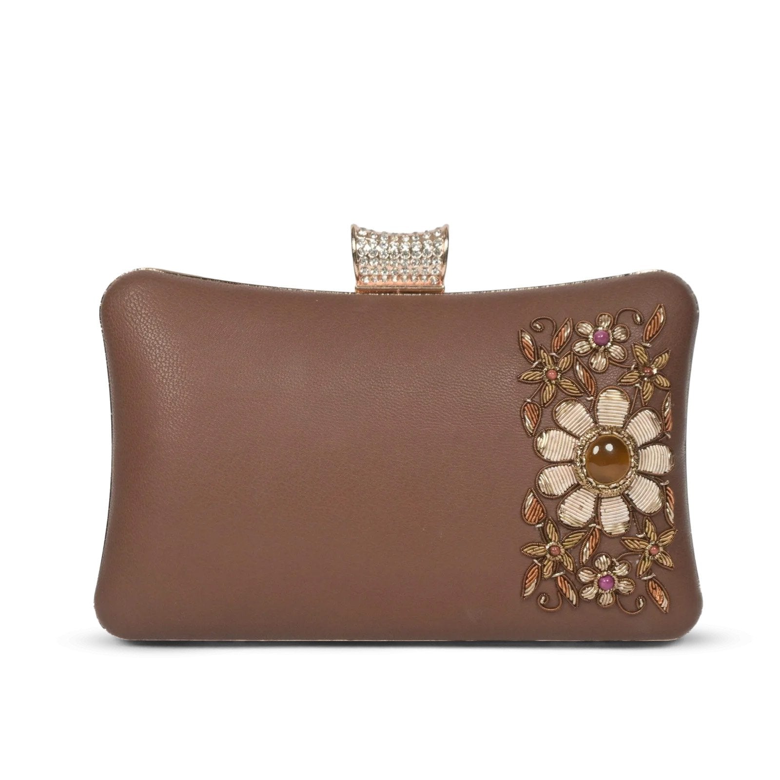 Artisan Elegance: Brown Leather Clutch with Floral Zardosi and Precious Gemstones image 1