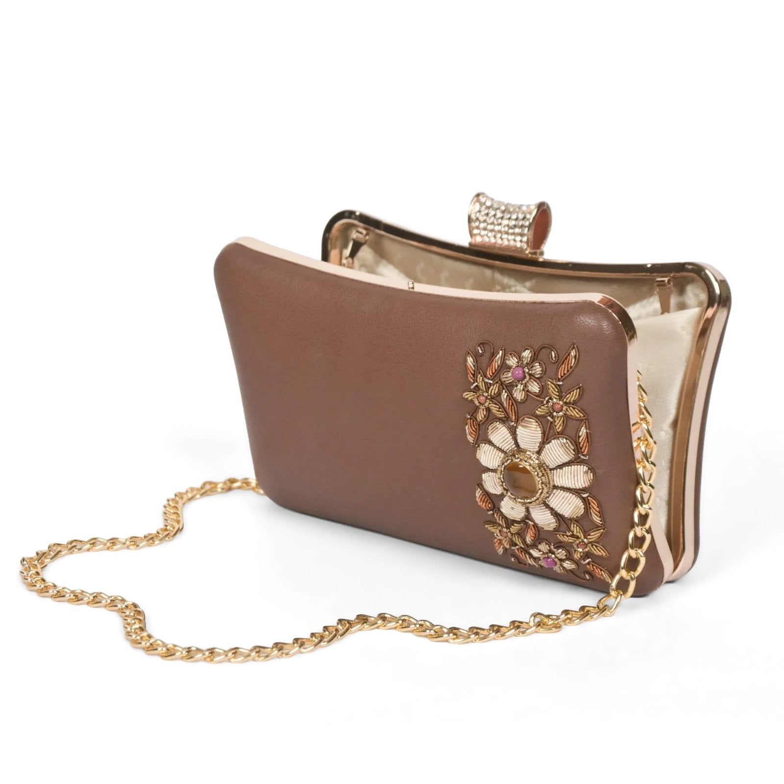Artisan Elegance: Brown Leather Clutch with Floral Zardosi and Precious Gemstones image 3