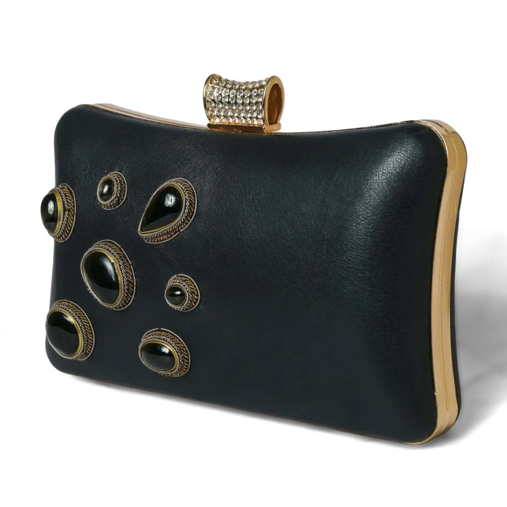 Black Rectangle Handmade Clutch Bag with Jeweled Sparkling Closure knob image 2