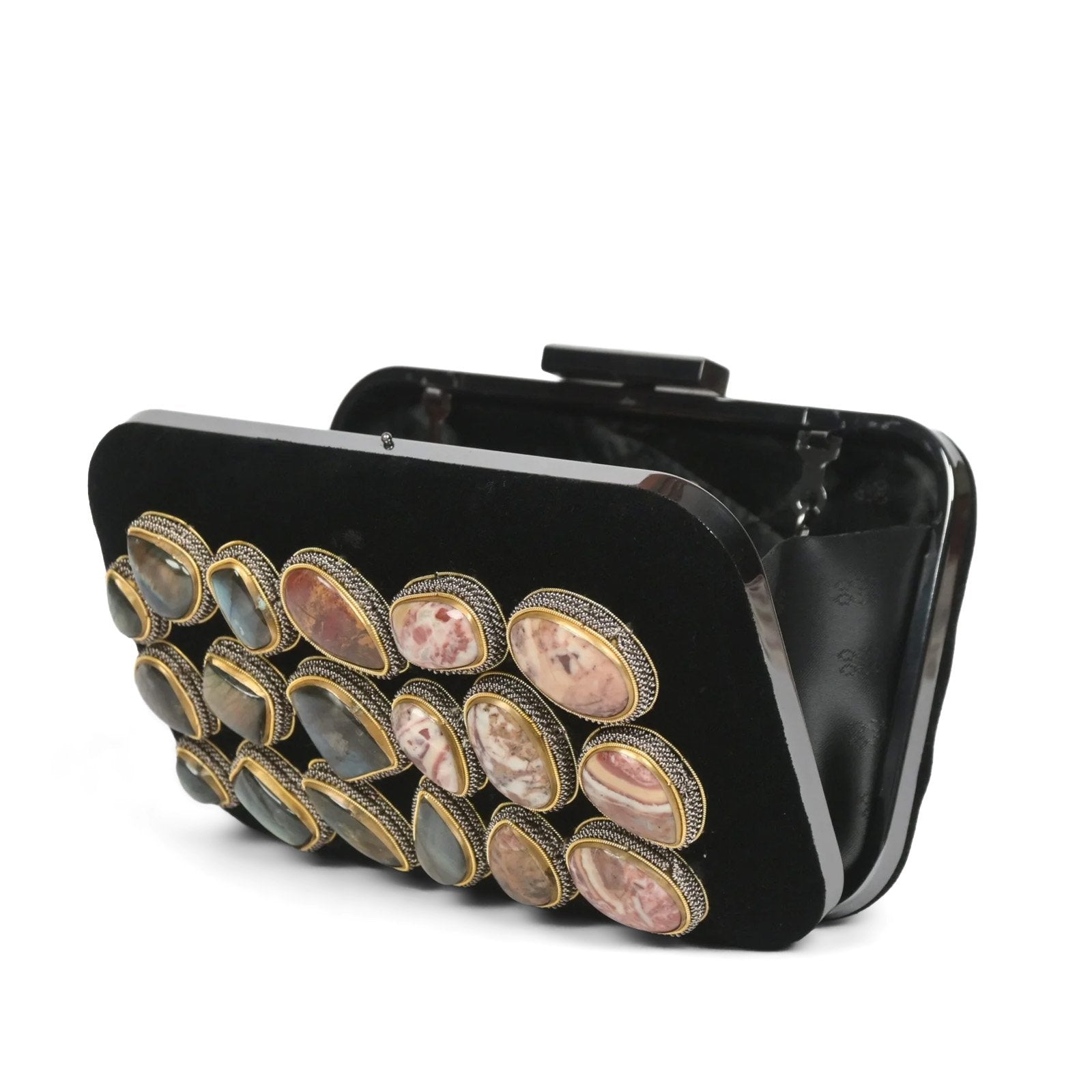 "Handmade Black Velvet Clutch: Zardosi Elegance with Agate & Labradorite Gemstones" image 2