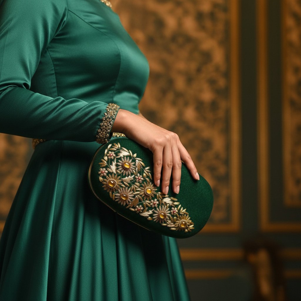 Garden of Gems: Oval Clutch with Floral Hand Embroidery, Velvet Handbag with Metallic Frame, Loaded with Tiger Eye & Sand Stone image 0