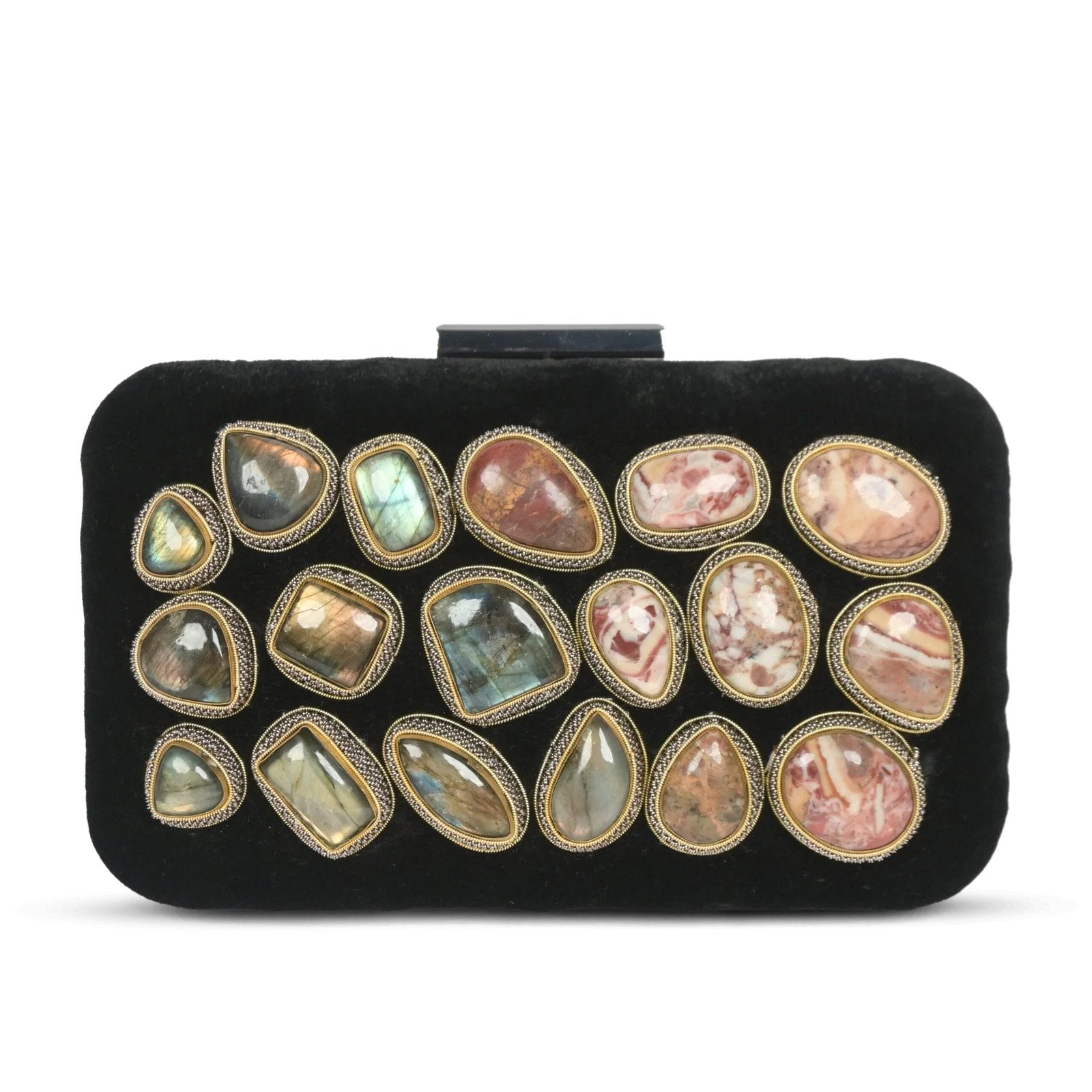 "Handmade Black Velvet Clutch: Zardosi Elegance with Agate & Labradorite Gemstones" image 1