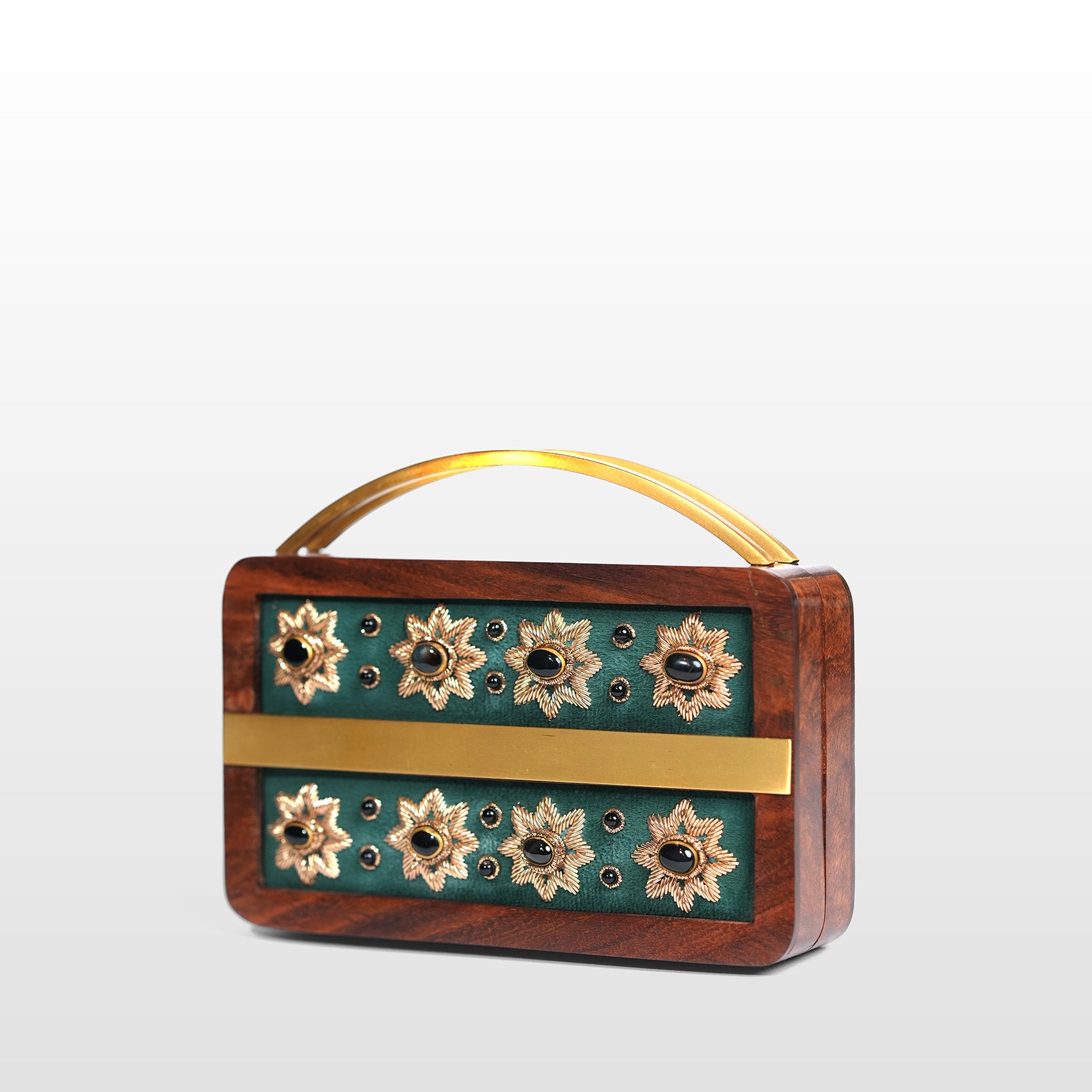 Elegant Embellished Wooden Clutch Purse with Exquisite Zardosi Art