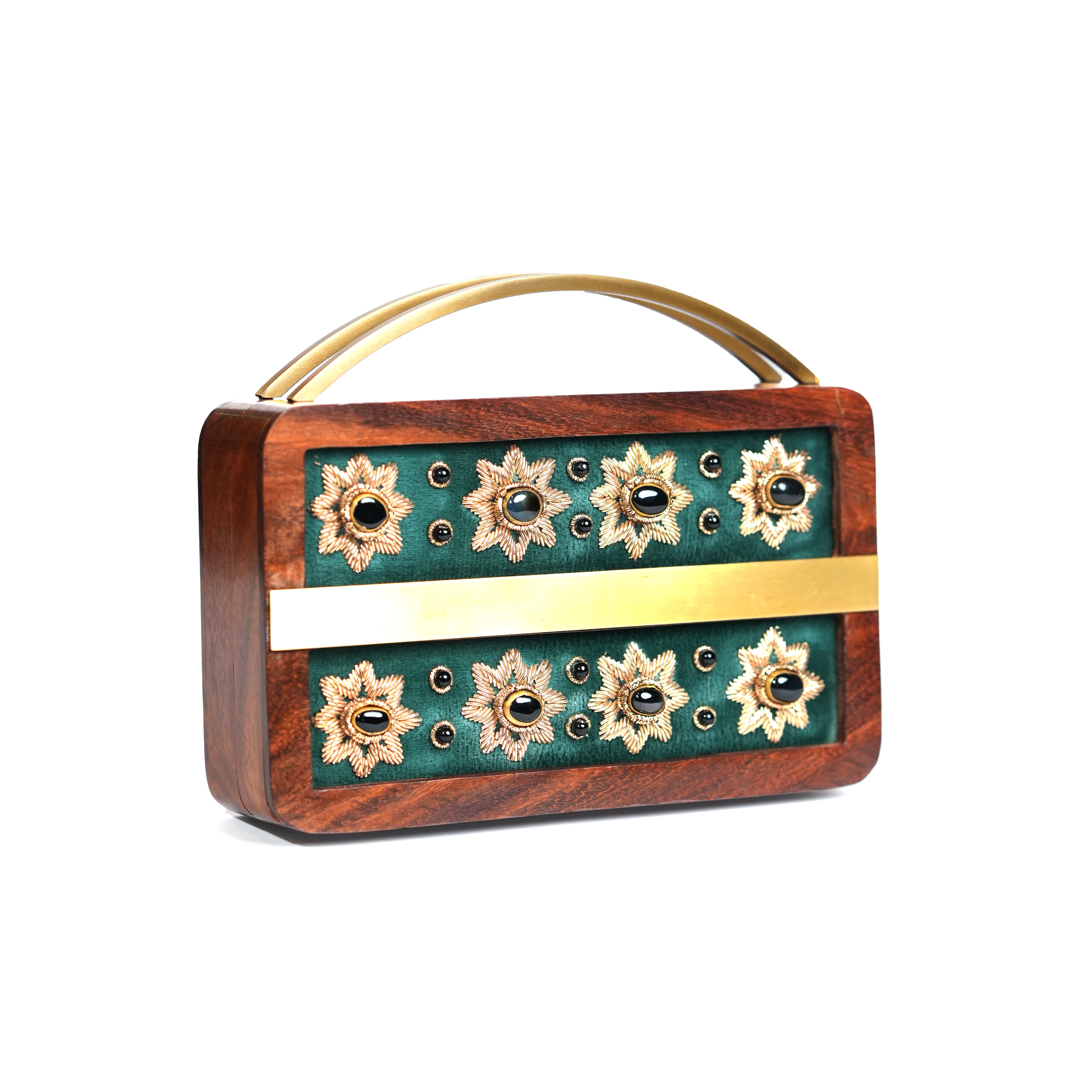 Elegant Embellished Wooden Clutch Purse with Exquisite Zardosi Art