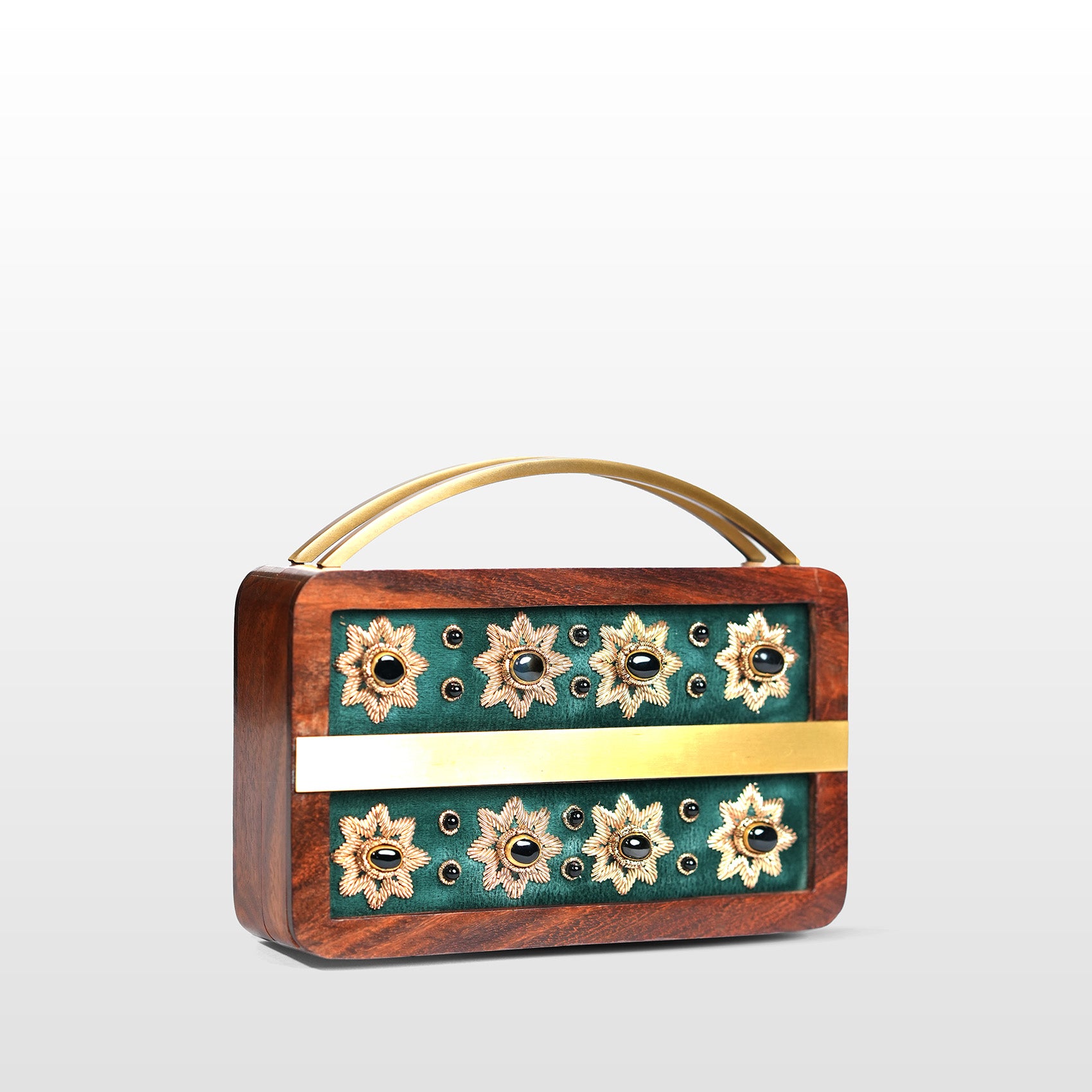 Elegant Embellished Wooden Clutch Purse with Exquisite Zardosi Art