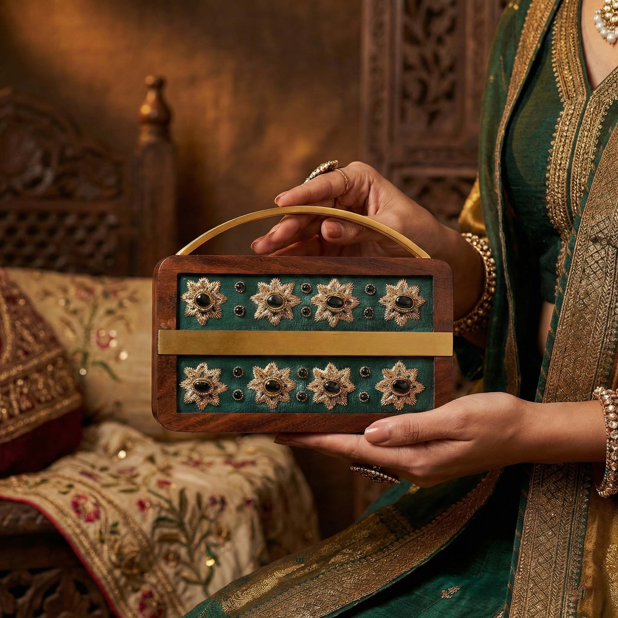 Elegant Embellished Wooden Clutch Purse with Exquisite Zardosi Art