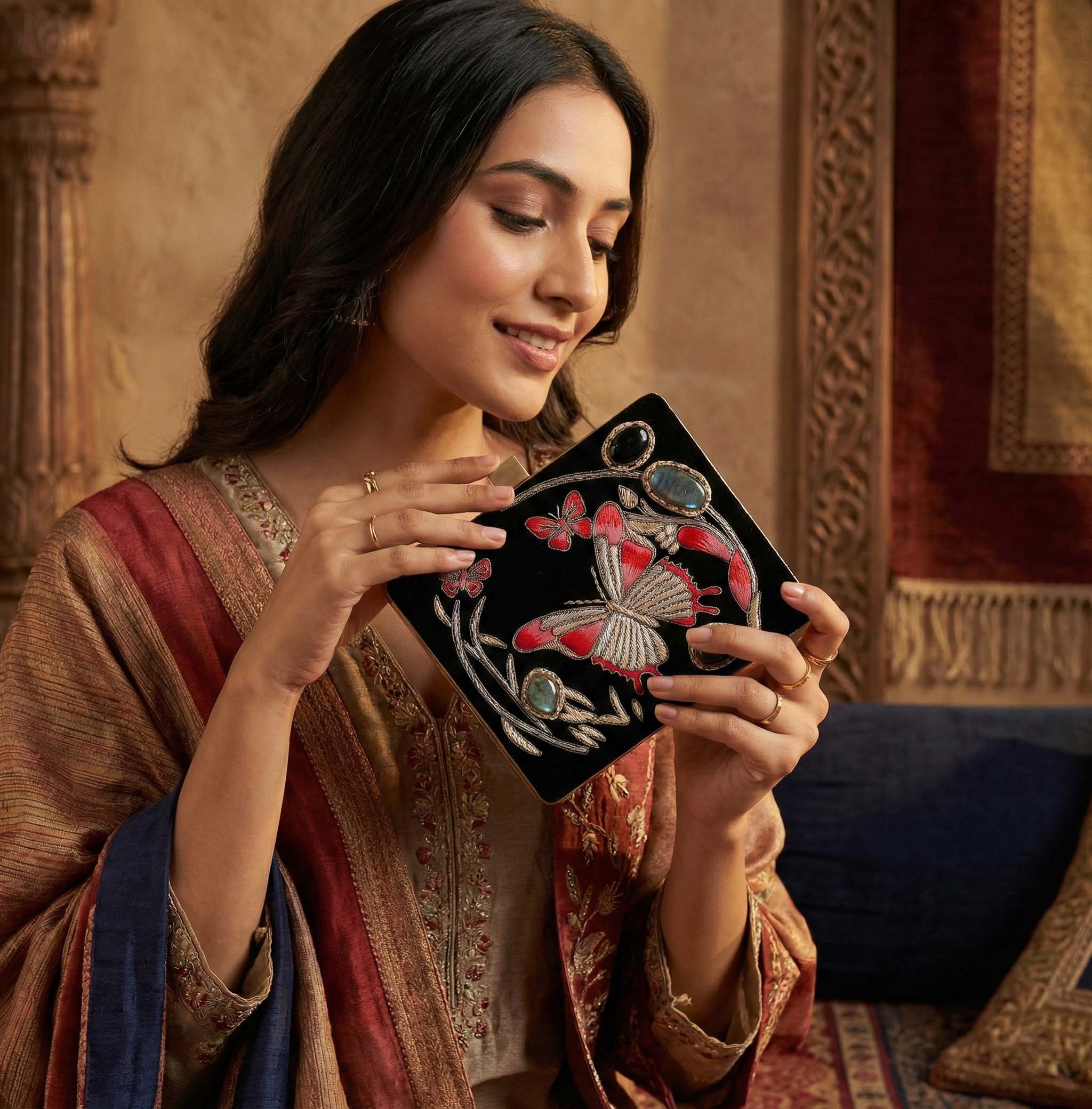 Butterfly Embroidered Velvet Clutch – Handmade Luxury Evening Bag with Crystal Detailing | Featured in NYFW