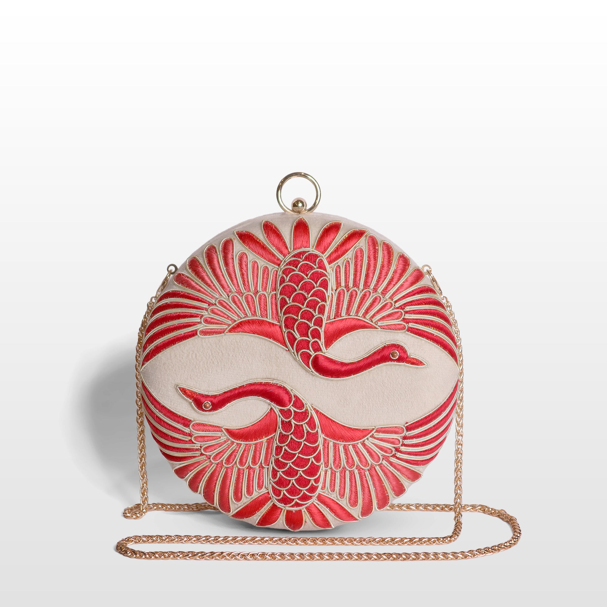 Twin Swan Embroidered Clutch on Off White Velvet