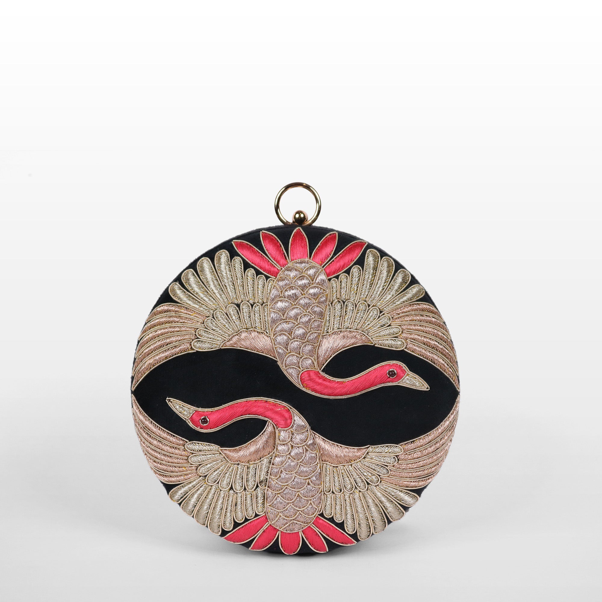 Swan Song in Noir Majesty – Round Zardosi Handbag