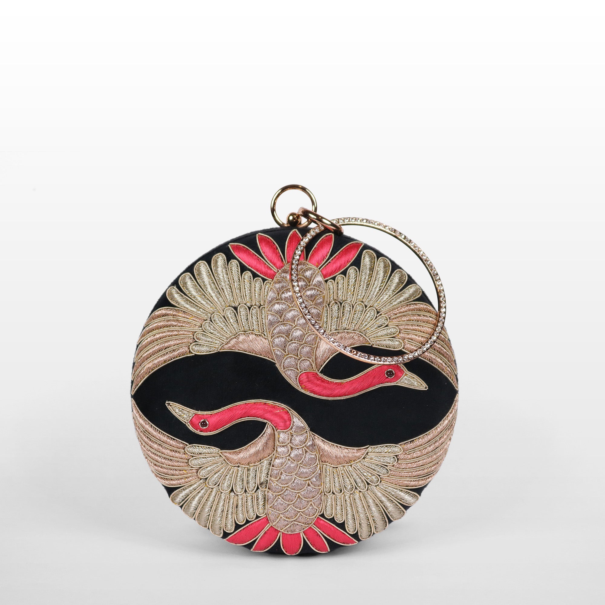 Swan Song in Noir Majesty – Round Zardosi Handbag