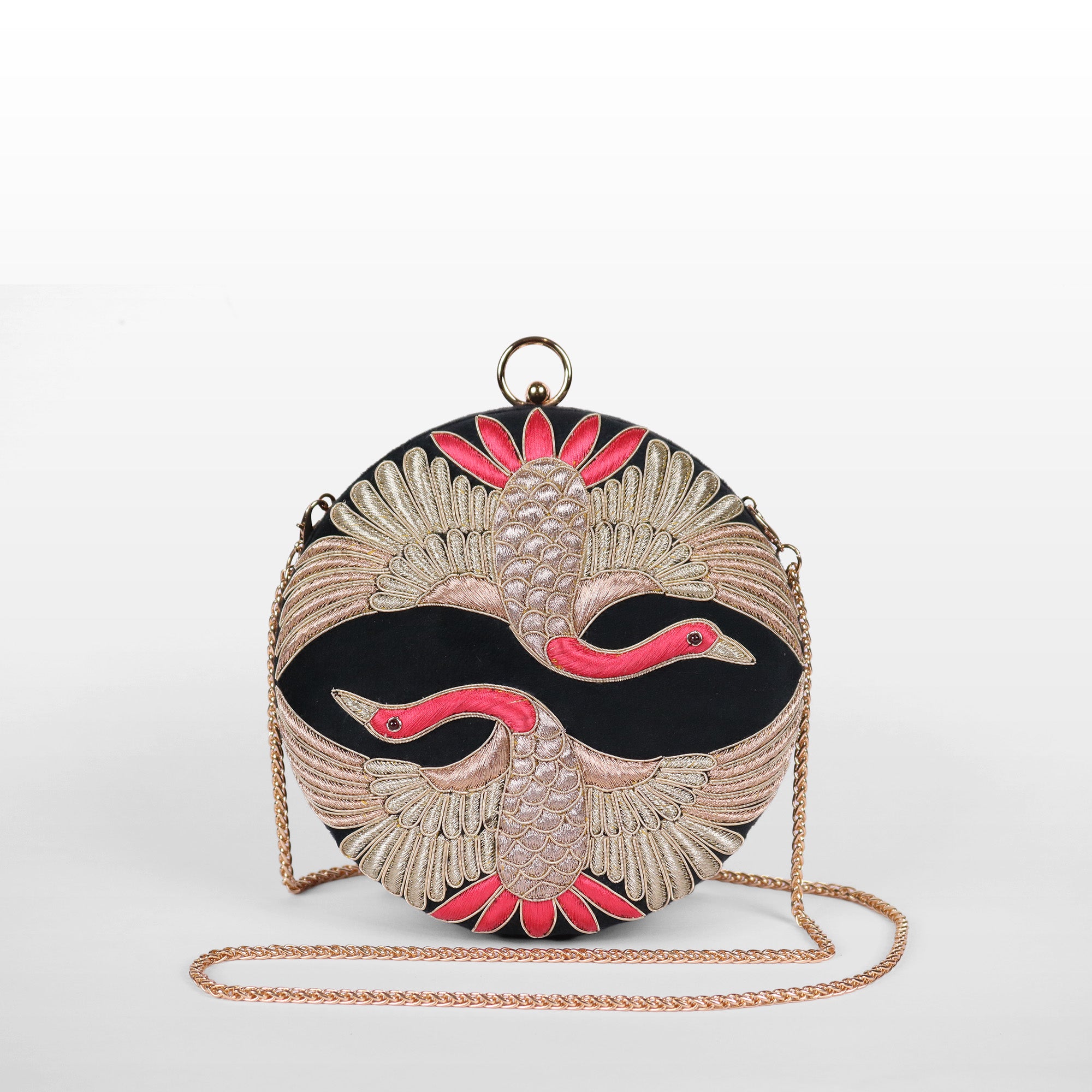 Swan Song in Noir Majesty – Round Zardosi Handbag