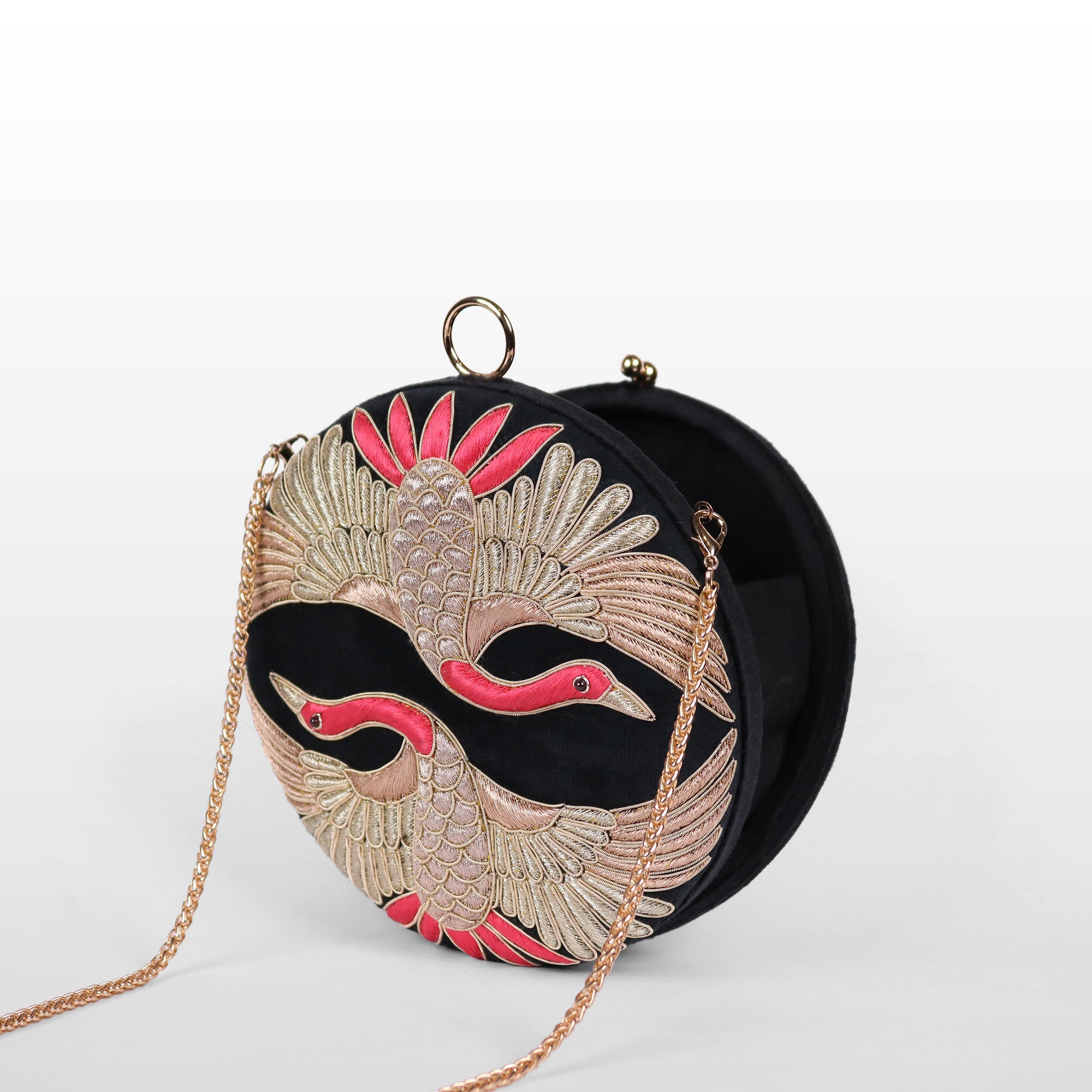 Swan Song in Noir Majesty – Round Zardosi Handbag