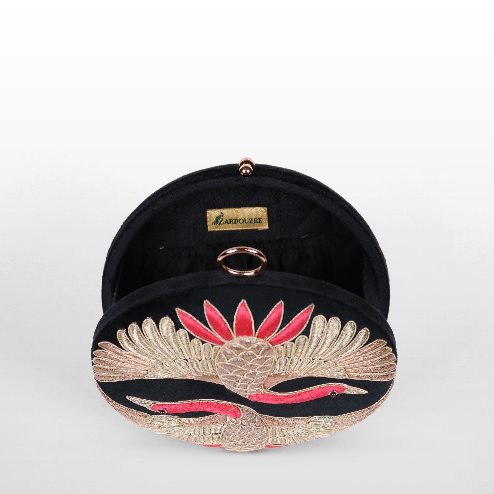 Swan Song in Noir Majesty – Round Zardosi Handbag