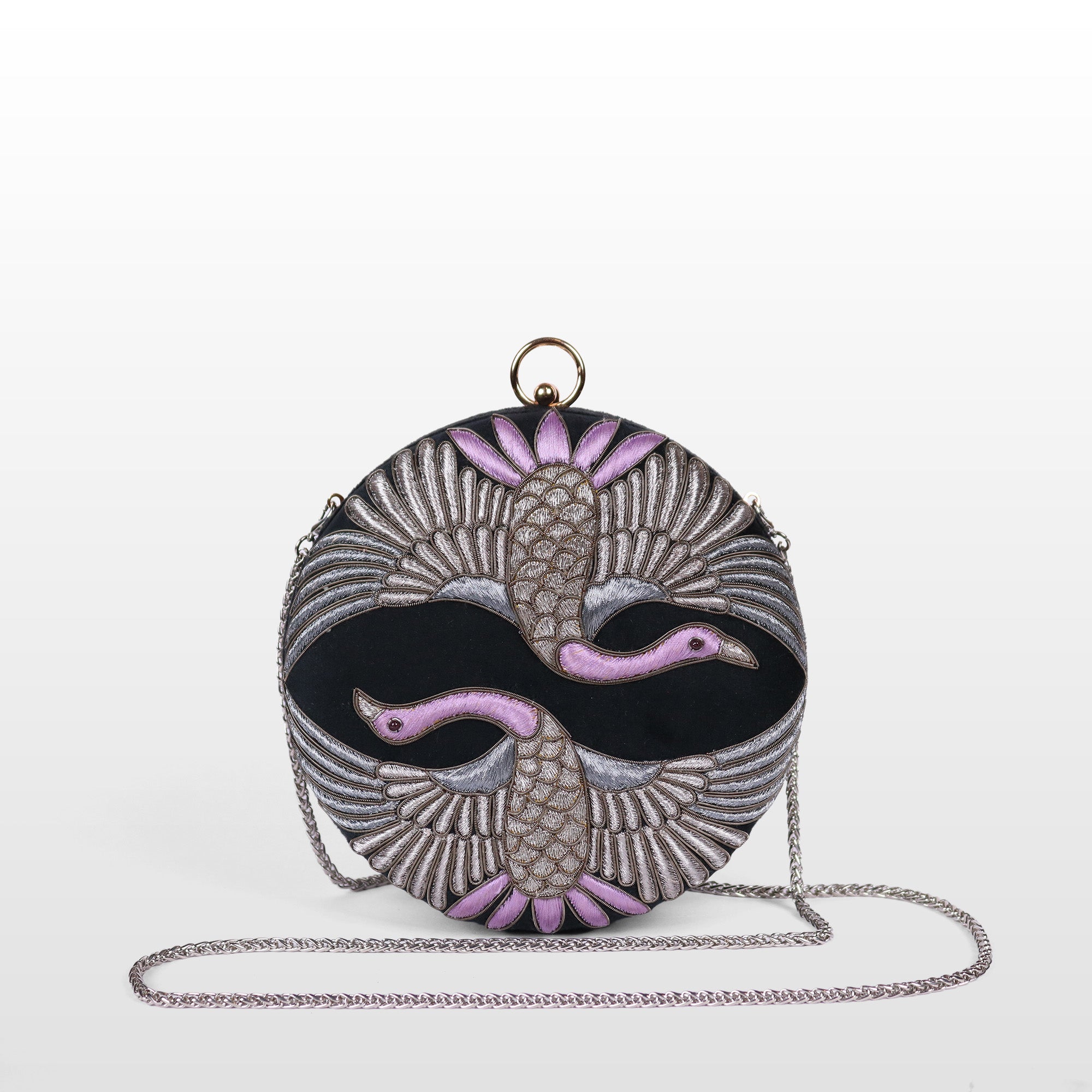 Swan Song in Noir Majesty – Round Zardosi Handbag
