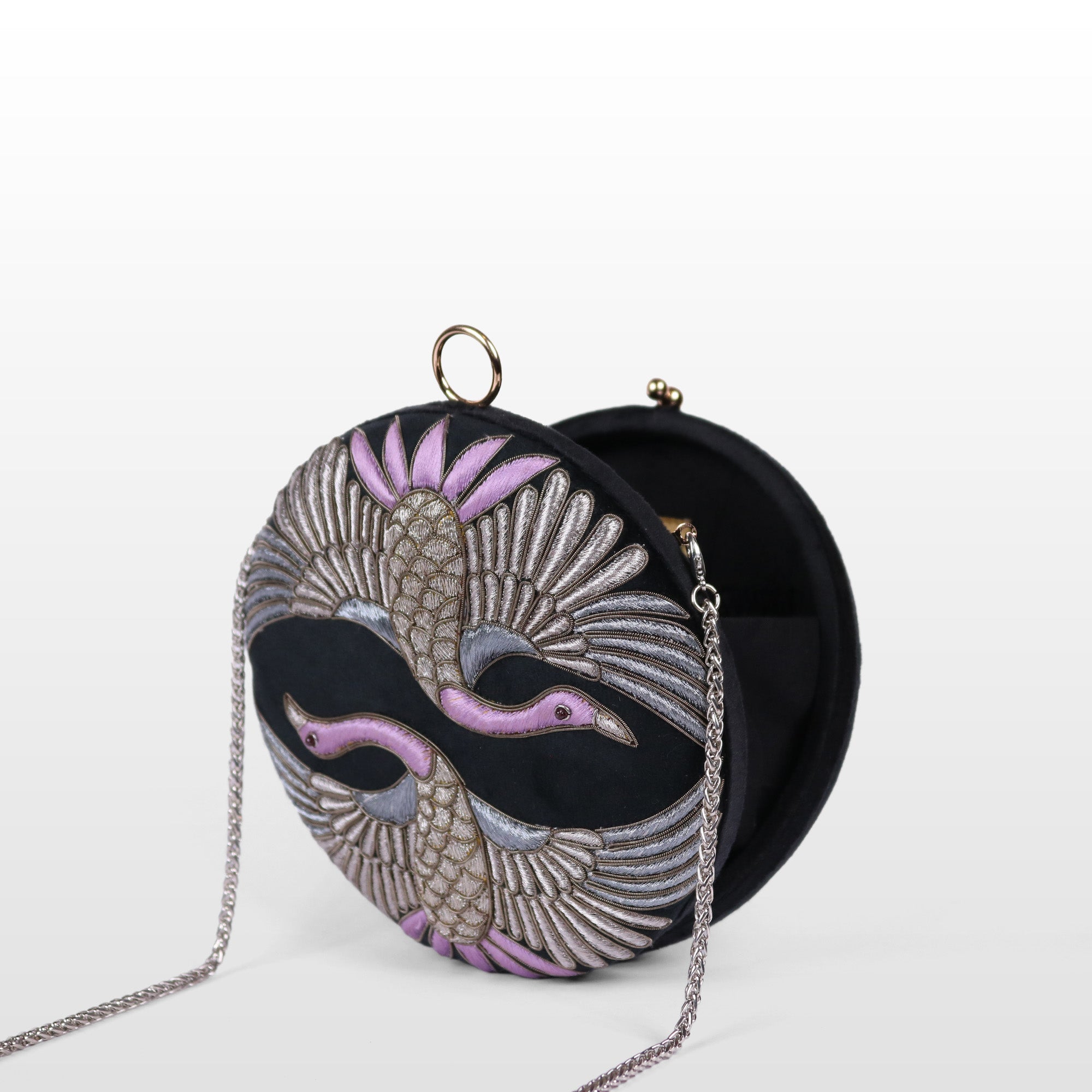 Swan Song in Noir Majesty – Round Zardosi Handbag