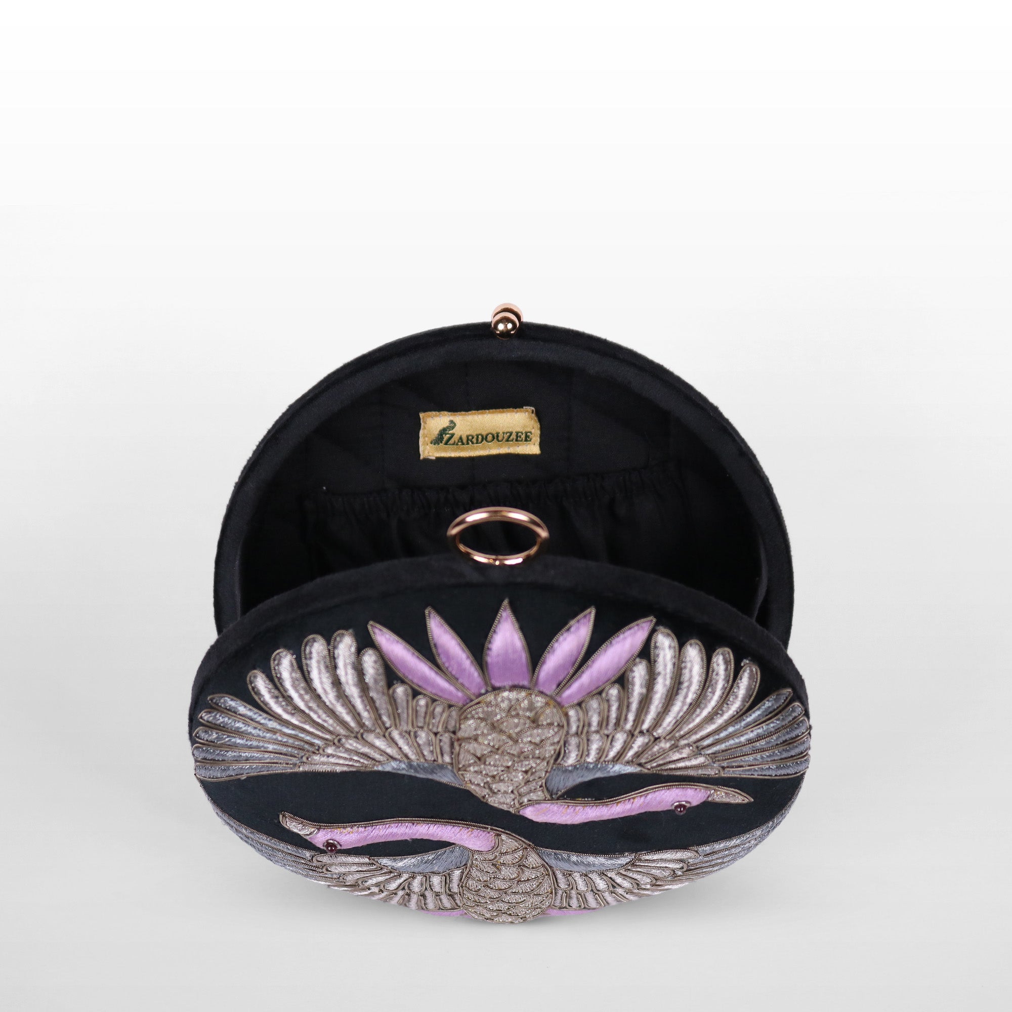 Swan Song in Noir Majesty – Round Zardosi Handbag
