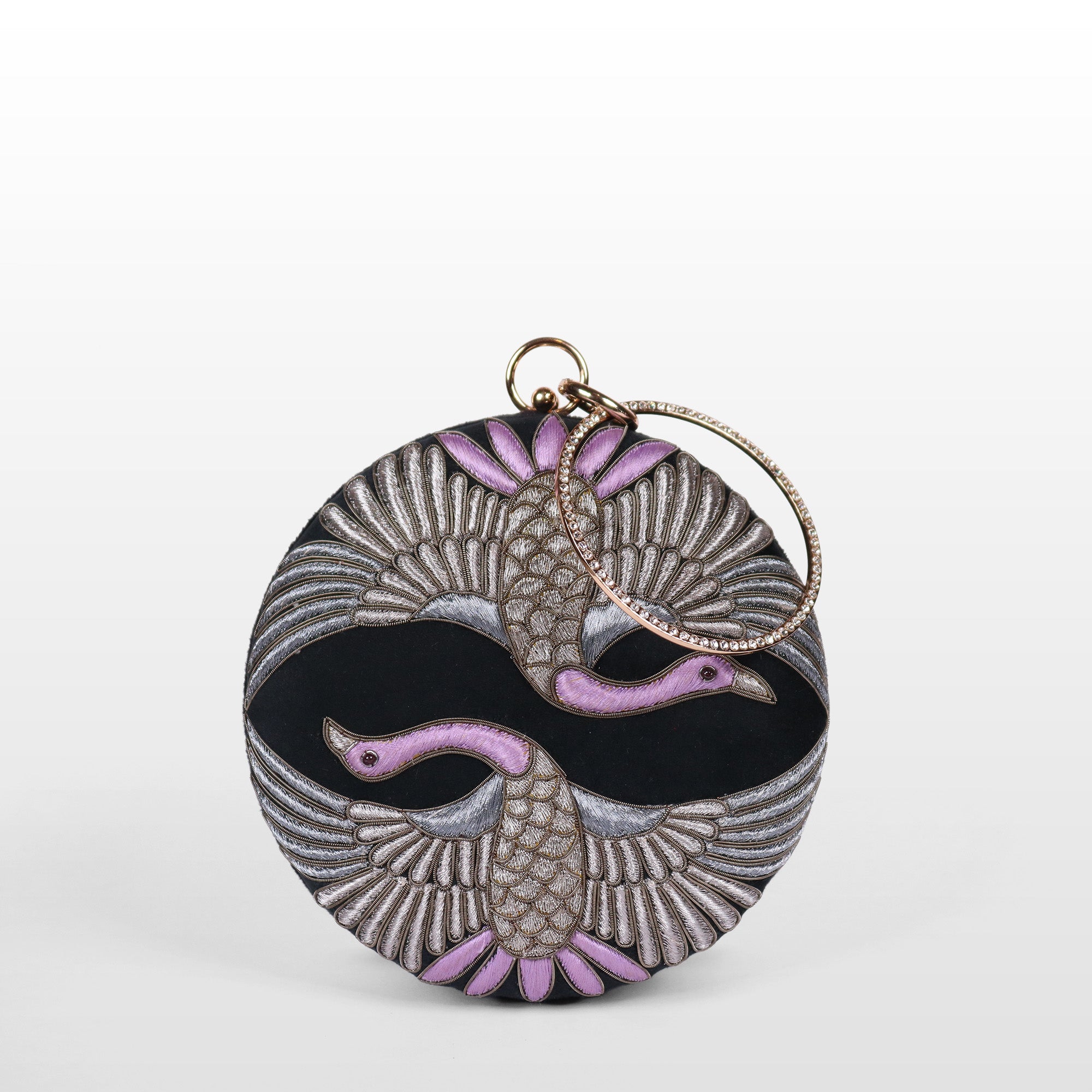 Swan Song in Noir Majesty – Round Zardosi Handbag