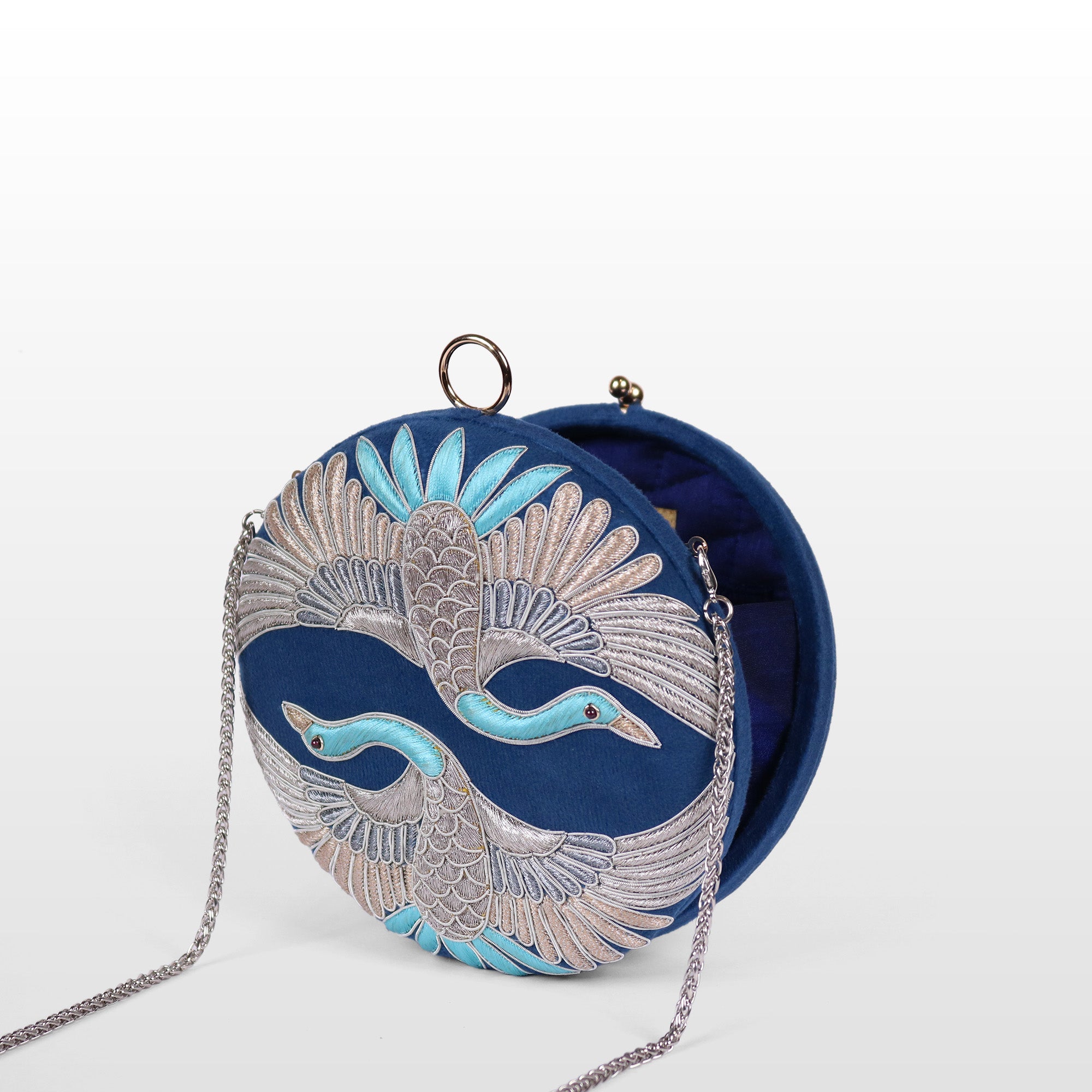 Swan Song in Noir Majesty – Round Zardosi Handbag