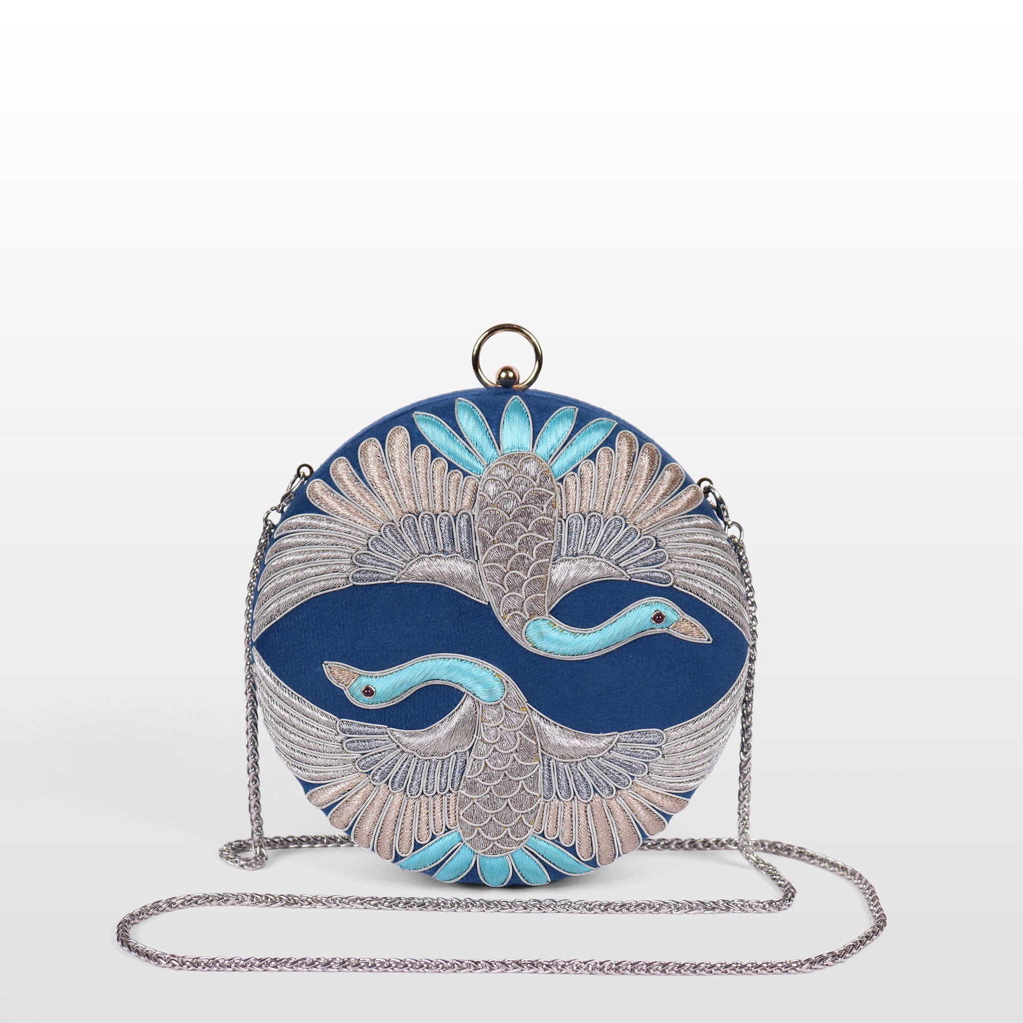 Swan Song in Noir Majesty – Round Zardosi Handbag