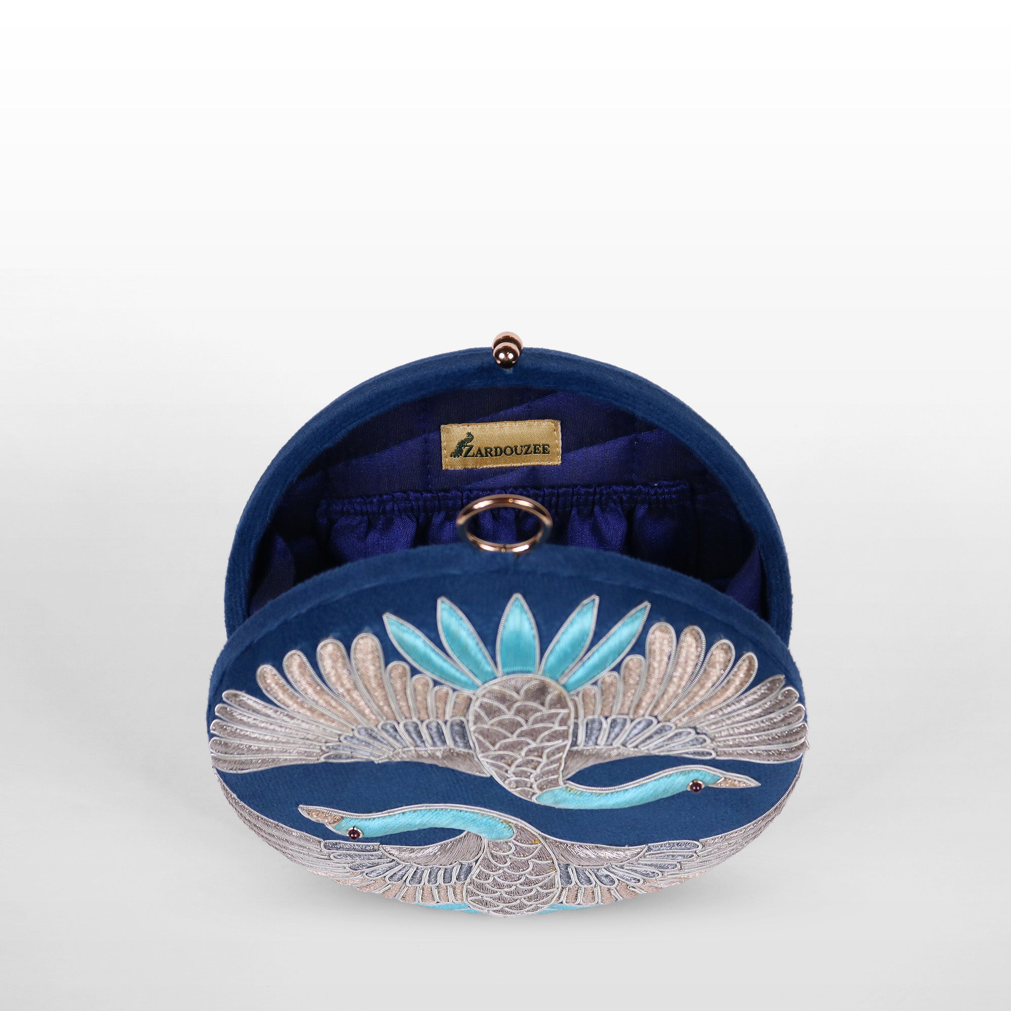 Swan Song in Noir Majesty – Round Zardosi Handbag