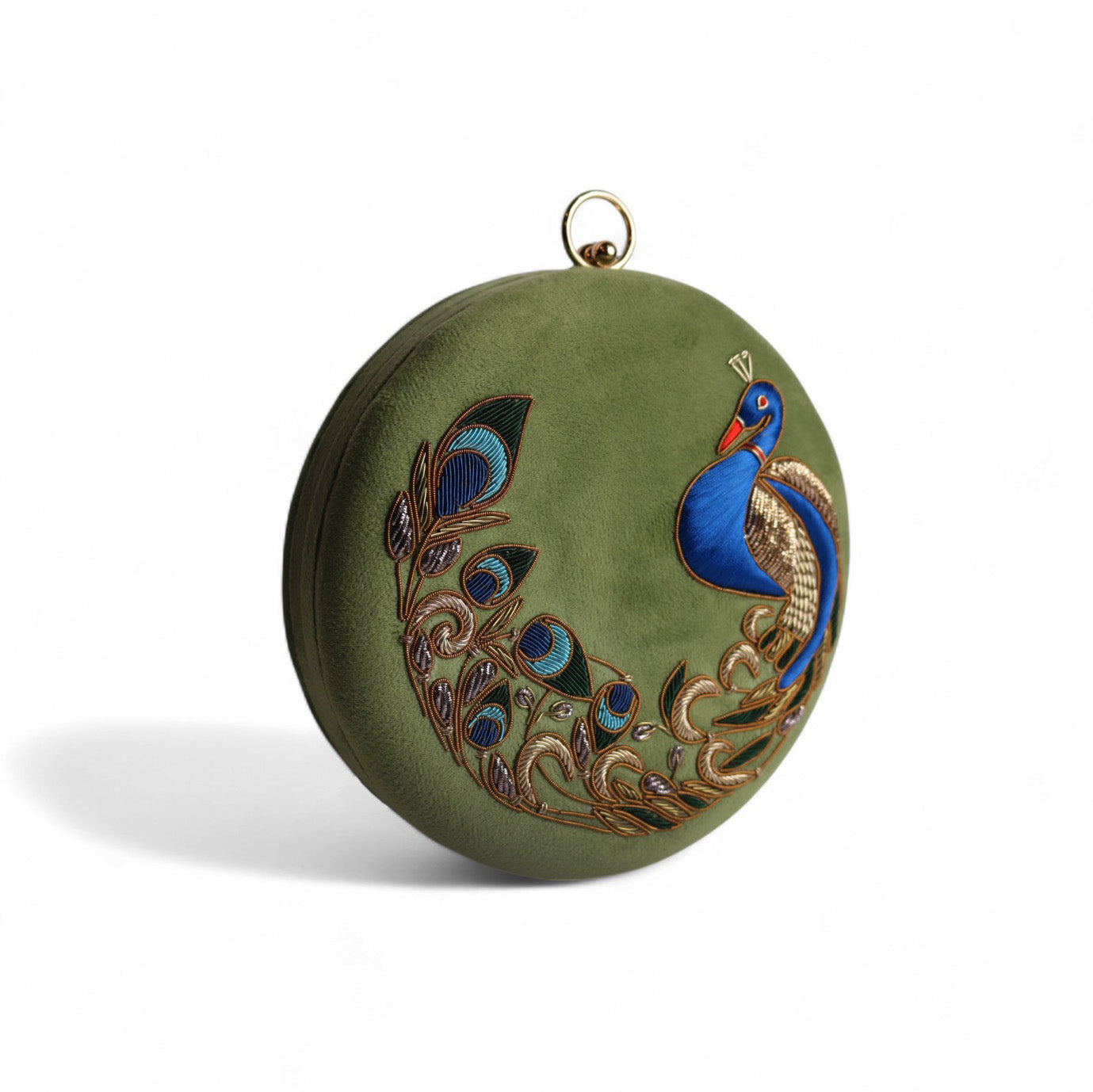 Peacock Embellished Evening Clutch – Handmade Luxury Velvet Bag with Crystal Zardosi Work | Featured in NYFW