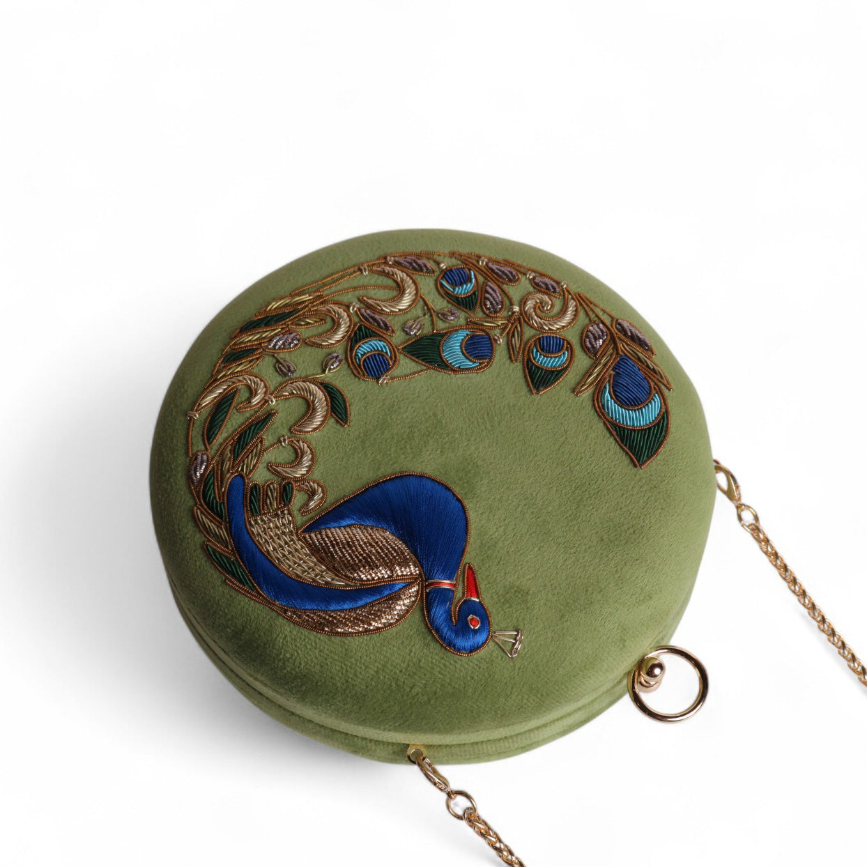 Peacock Embellished Evening Clutch – Handmade Luxury Velvet Bag with Crystal Zardosi Work | Featured in NYFW