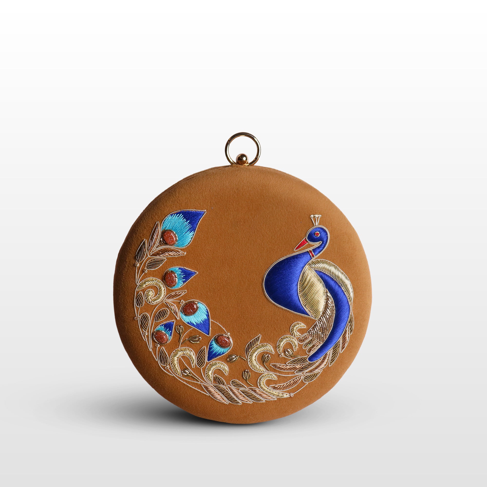 Peacock Embellished Evening Clutch – Handmade Luxury Velvet Bag with Crystal Zardosi Work | Featured in NYFW