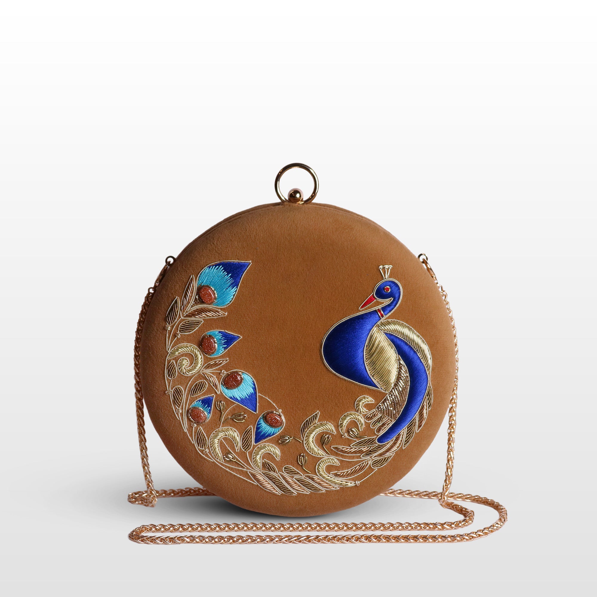Peacock Embellished Evening Clutch – Handmade Luxury Velvet Bag with Crystal Zardosi Work | Featured in NYFW