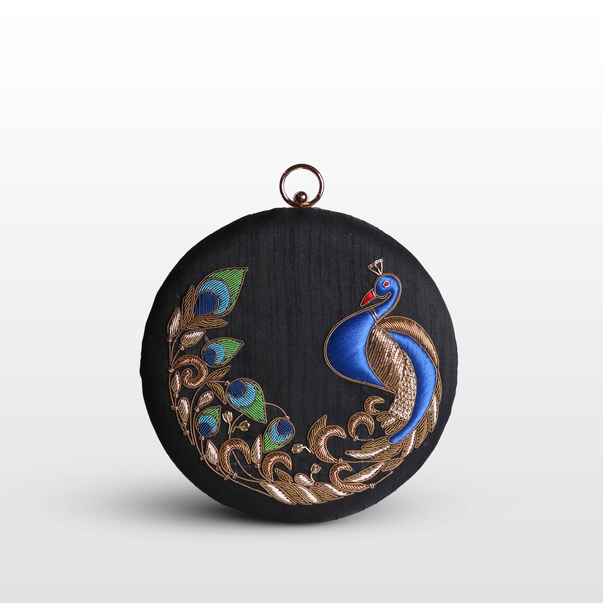 Peacock Embellished Evening Clutch – Handmade Luxury Velvet Bag with Crystal Zardosi Work | Featured in NYFW