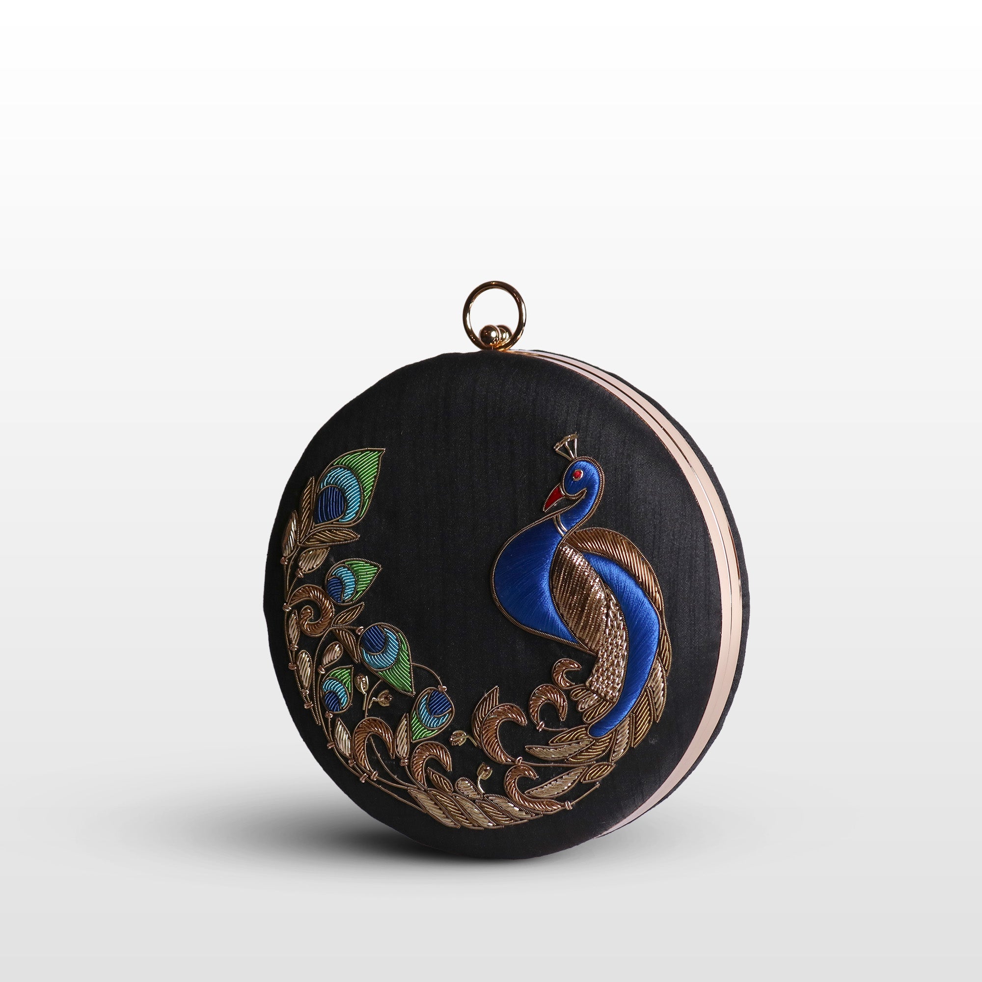 Peacock Embellished Evening Clutch – Handmade Luxury Velvet Bag with Crystal Zardosi Work | Featured in NYFW