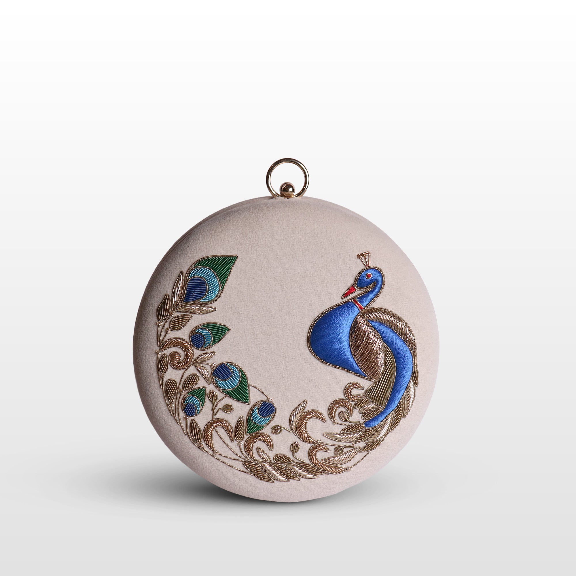 Peacock Embellished Evening Clutch – Handmade Luxury Velvet Bag with Crystal Zardosi Work | Featured in NYFW