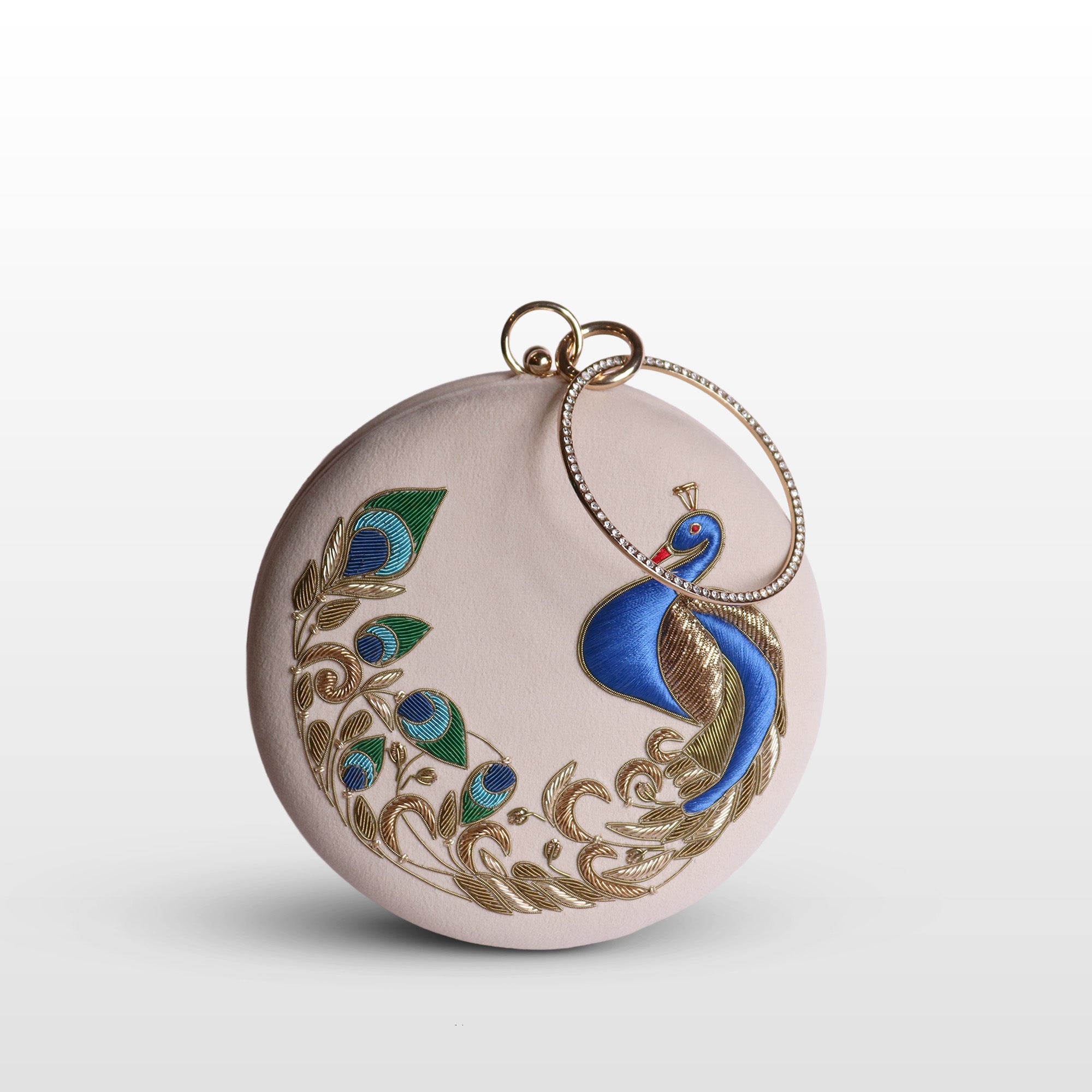 Peacock Embellished Evening Clutch – Handmade Luxury Velvet Bag with Crystal Zardosi Work | Featured in NYFW