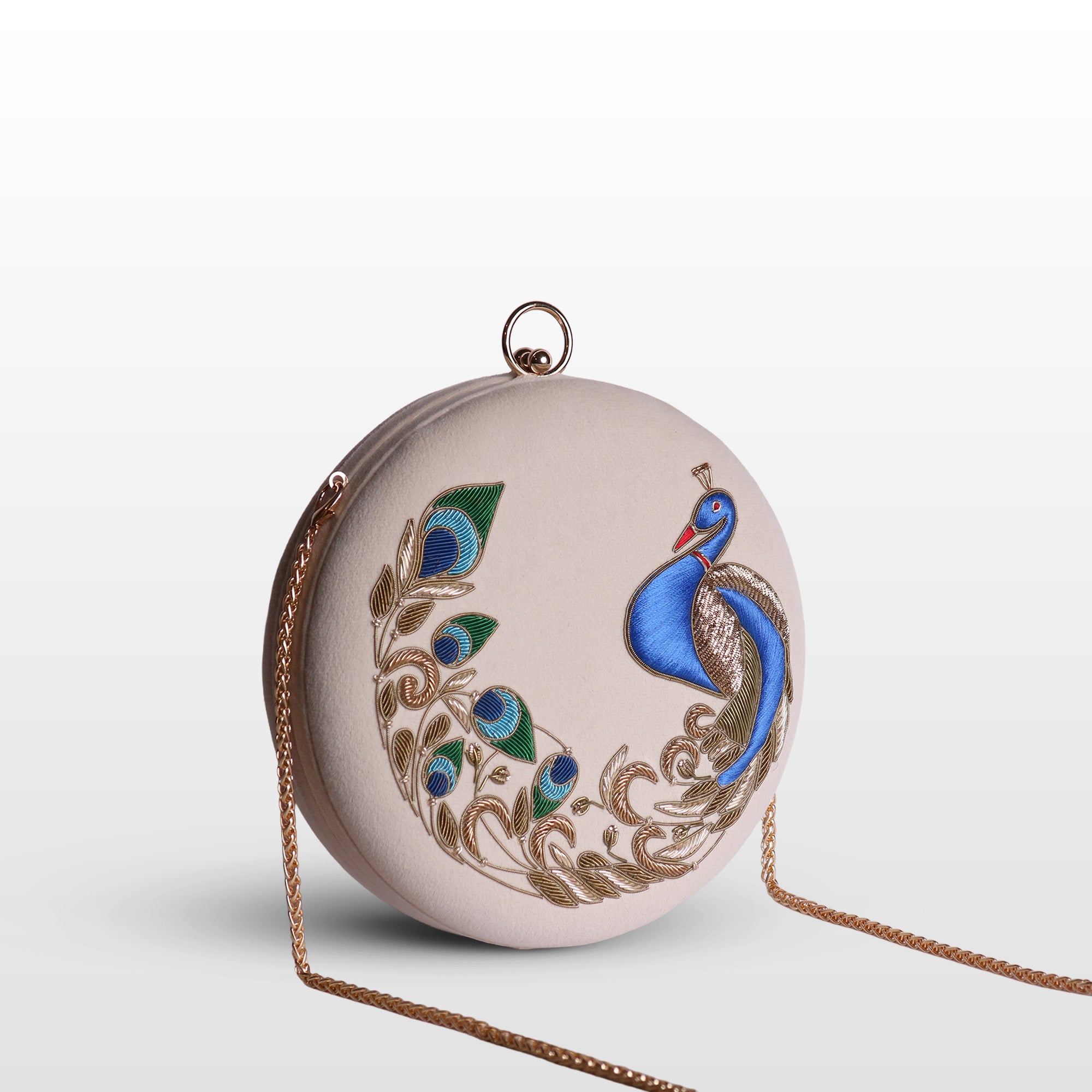 Peacock Embellished Evening Clutch – Handmade Luxury Velvet Bag with Crystal Zardosi Work | Featured in NYFW