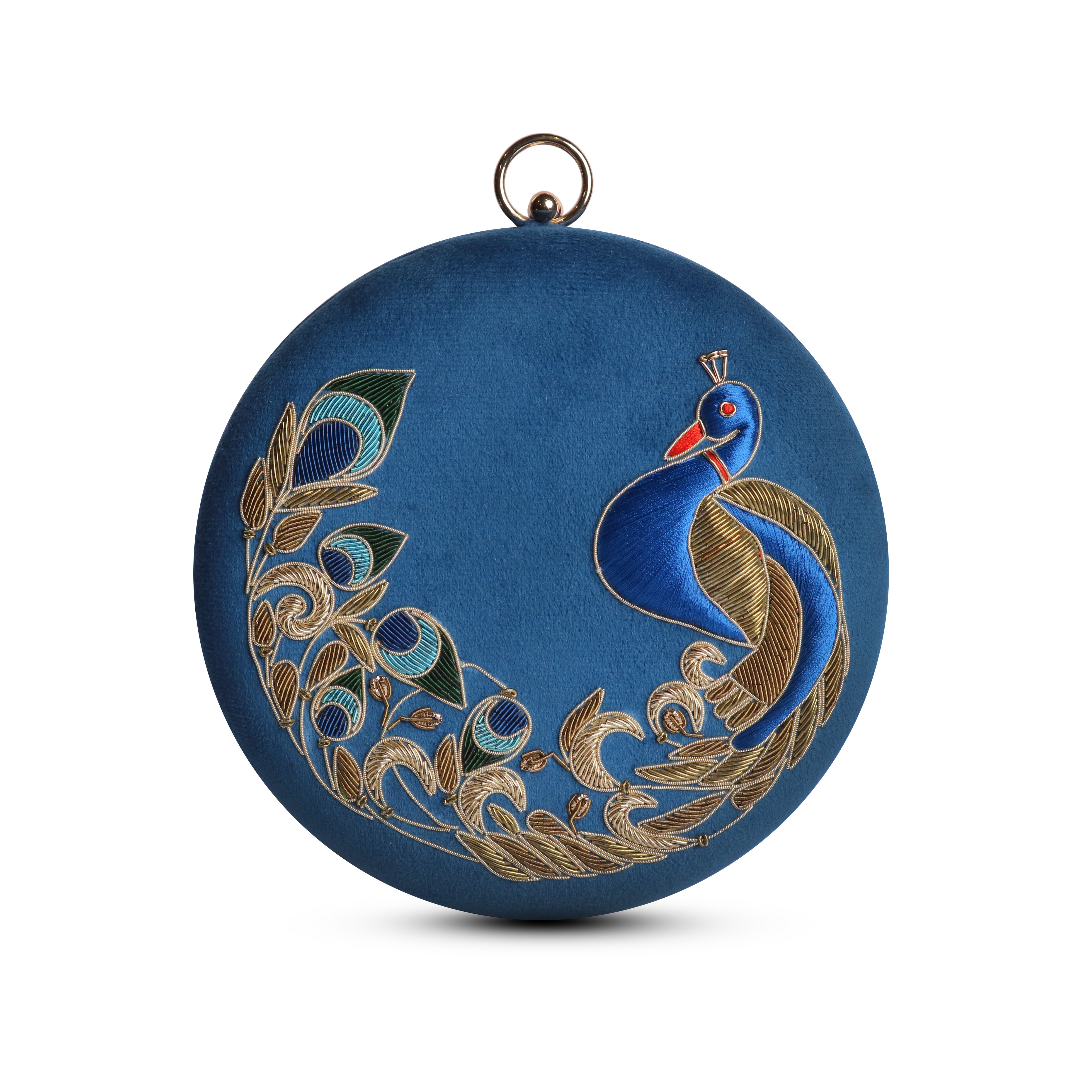 Peacock Embellished Evening Clutch – Handmade Luxury Velvet Bag with Crystal Zardosi Work | Featured in NYFW