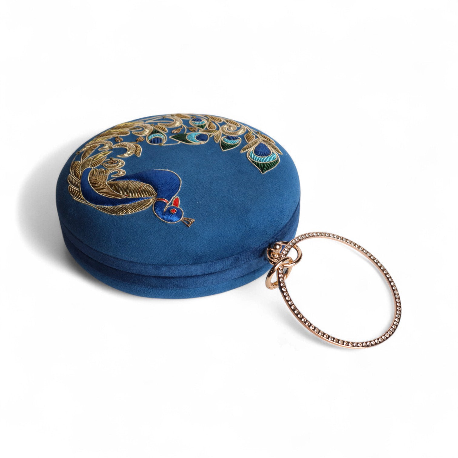 Peacock Embellished Evening Clutch – Handmade Luxury Velvet Bag with Crystal Zardosi Work | Featured in NYFW