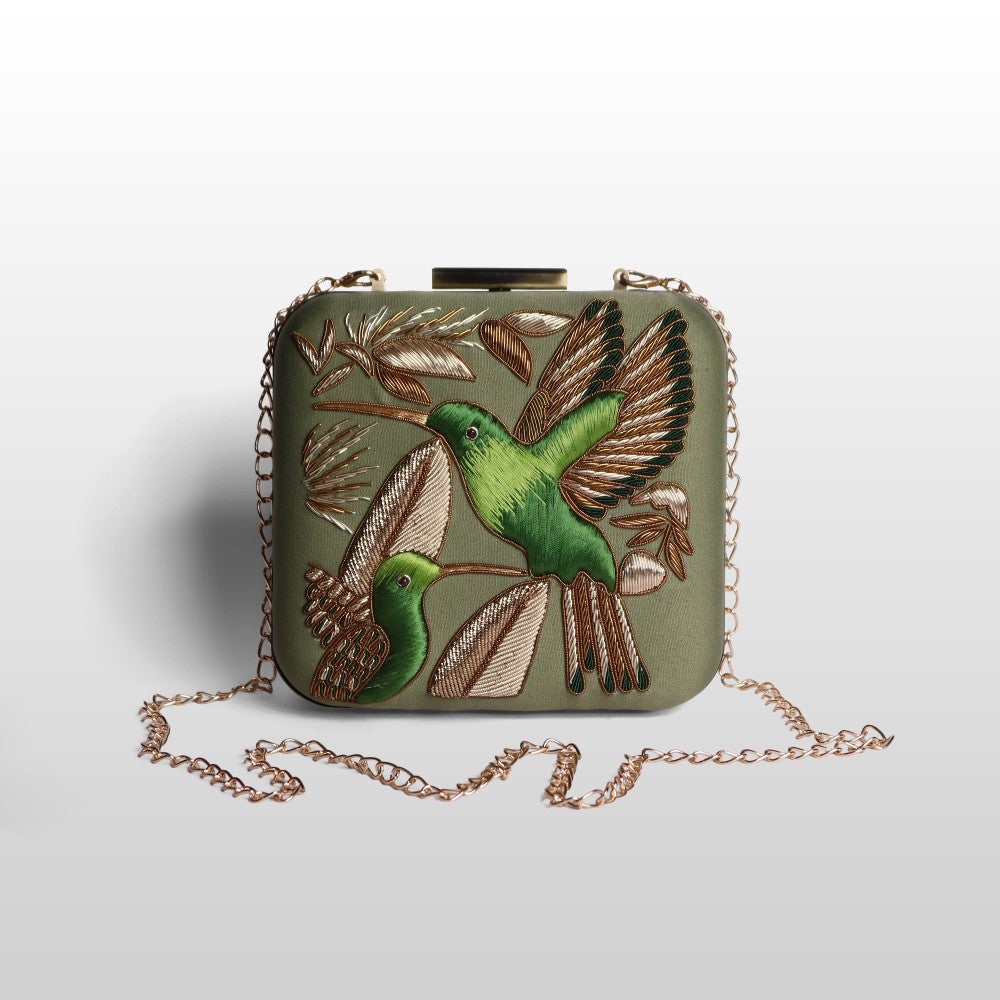 Serenade: Square Handmade Velvet Clutch with Zardosi Birds
