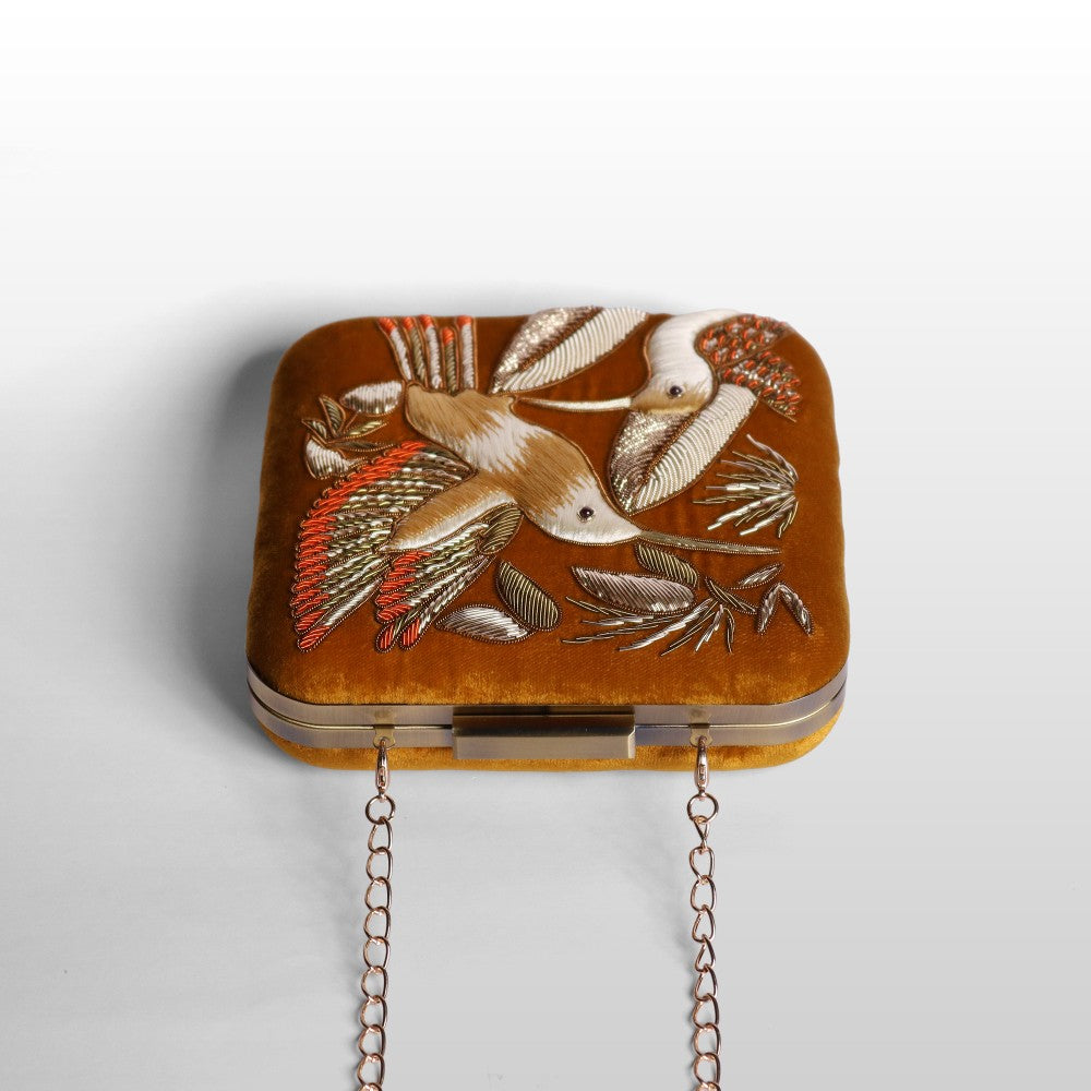 Serenade: Square Handmade Velvet Clutch with Zardosi Birds