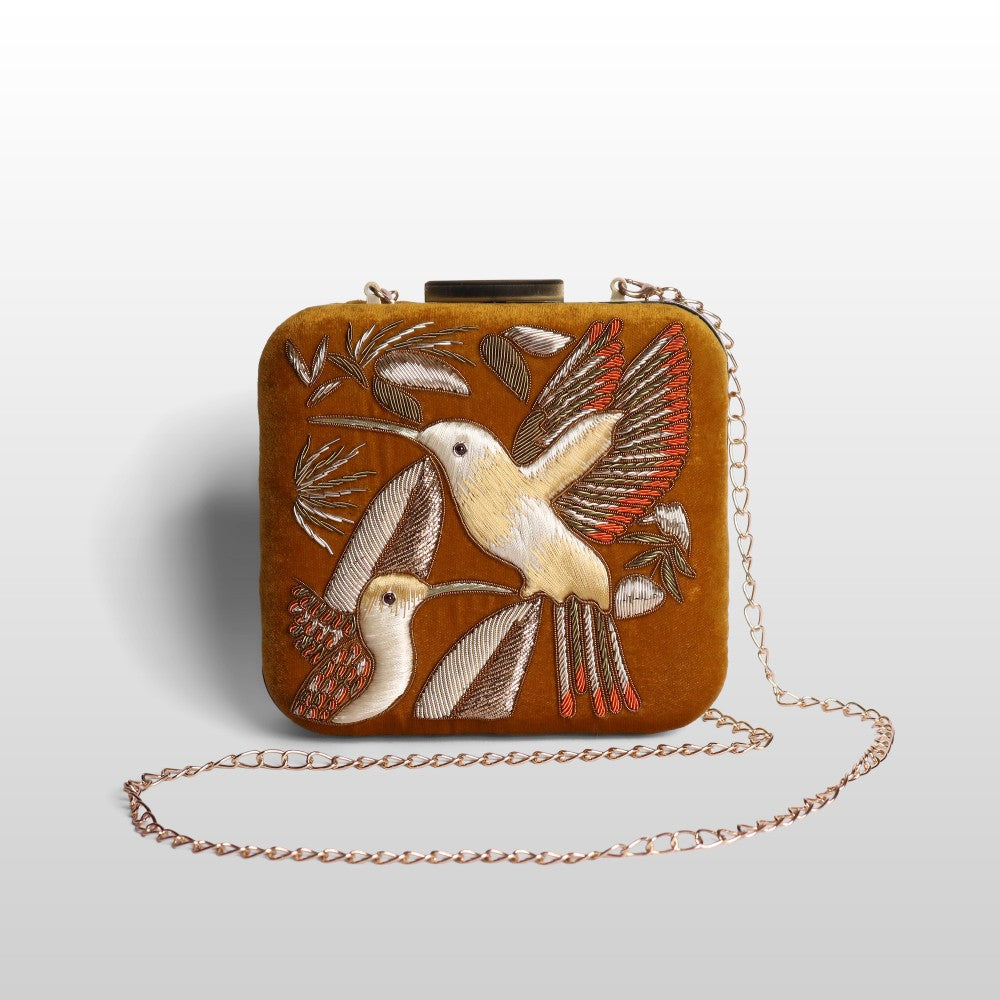 Serenade: Square Handmade Velvet Clutch with Zardosi Birds