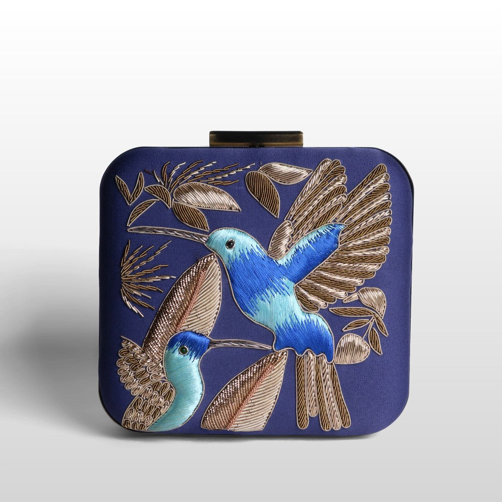 Serenade: Square Handmade Velvet Clutch with Zardosi Birds