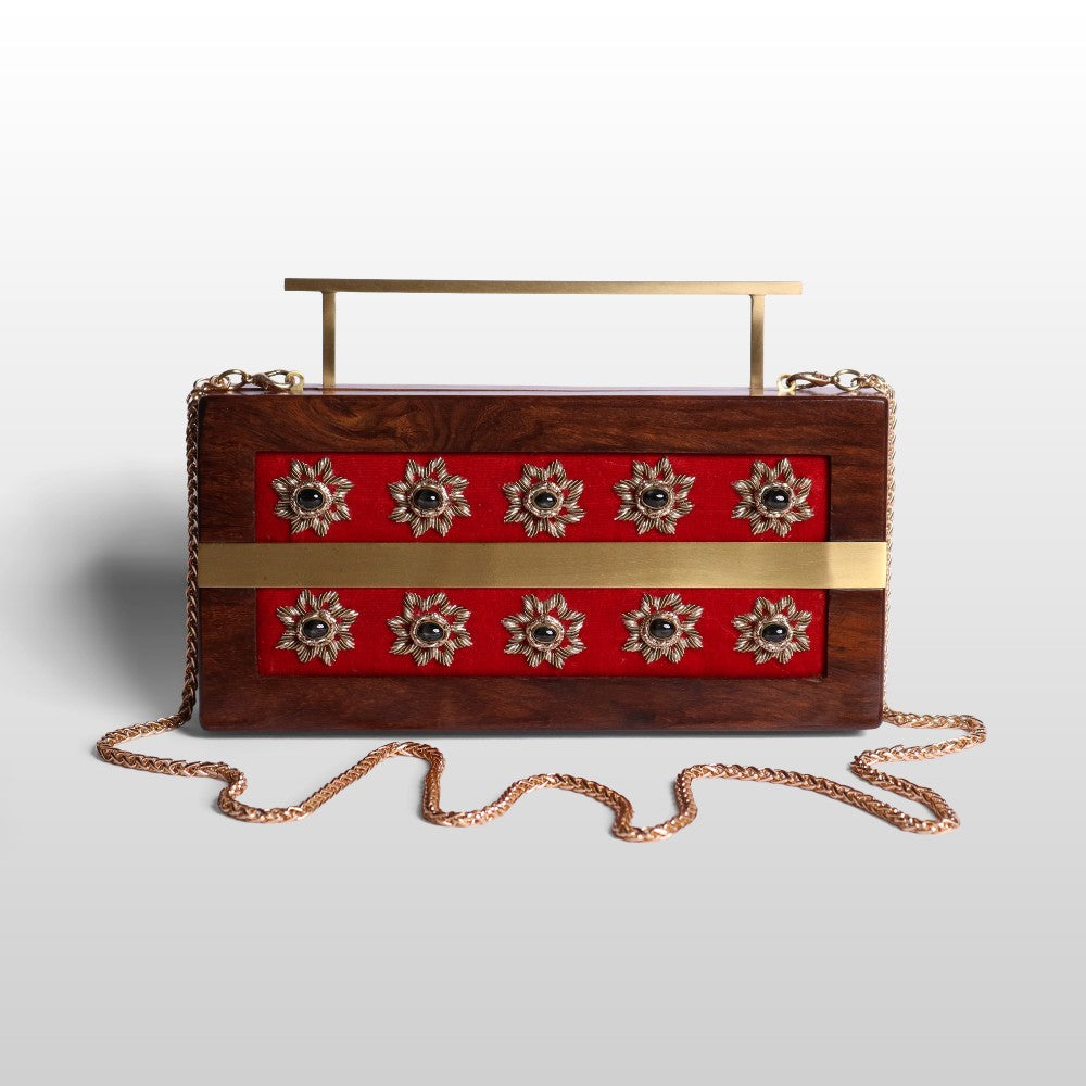 Gulnaar – Maroon Velvet Zardosi Wooden Clutch